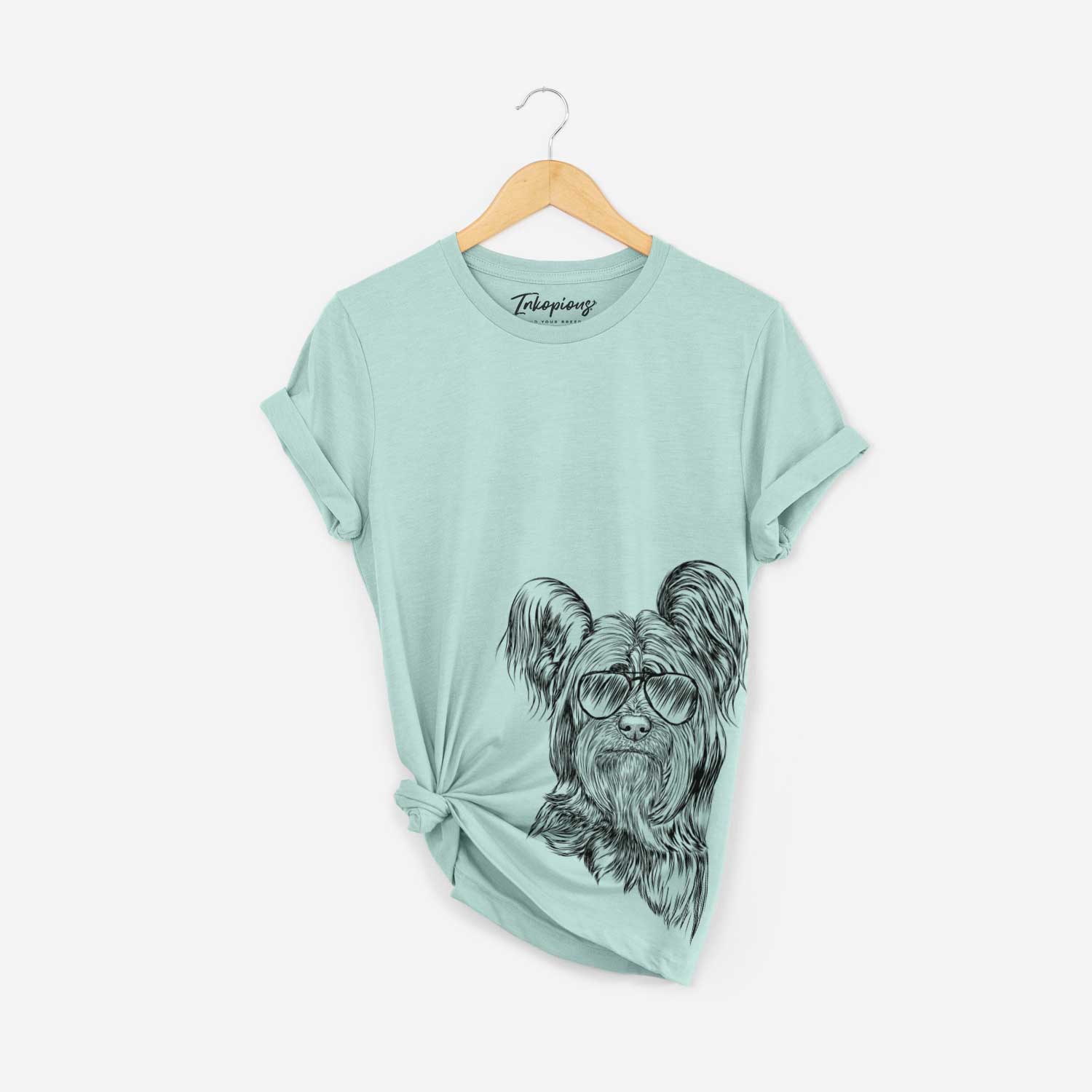 Hand-drawn sketch of Bandit the Skye Terrier wearing aviator sunglasses on a Heather Sage Bella Canvas Unisex Crewneck