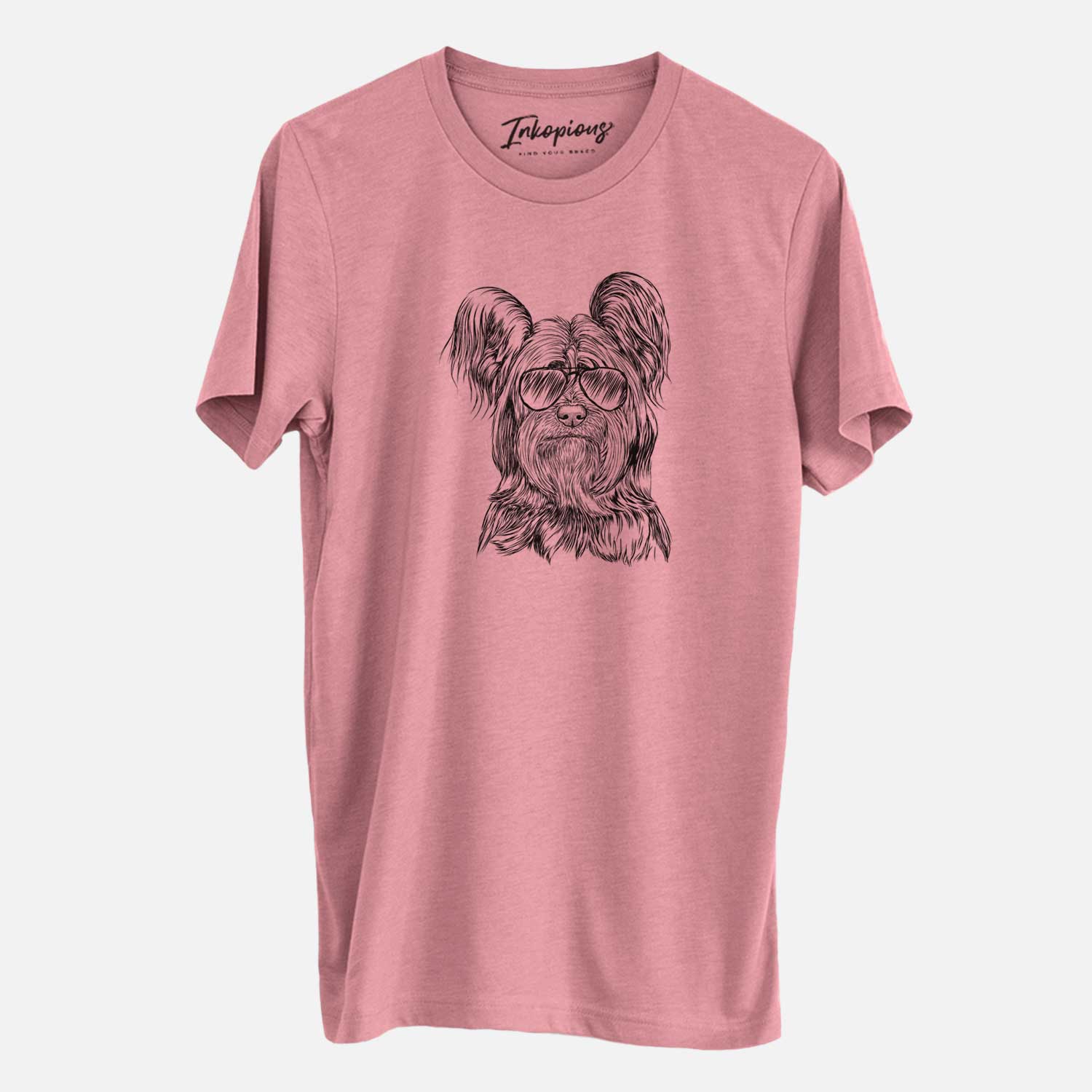 Hand-drawn sketch of Bandit the Skye Terrier wearing aviator sunglasses on a Mauve Unisex crewneck