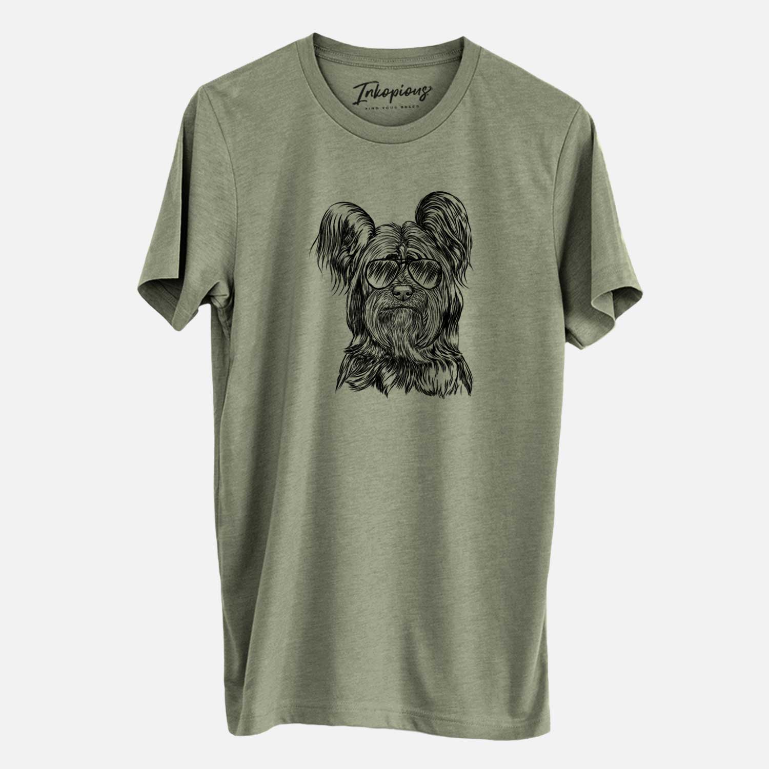 Hand-drawn sketch of Bandit the Skye Terrier wearing aviator sunglasses on an Olive Unisex crewneck