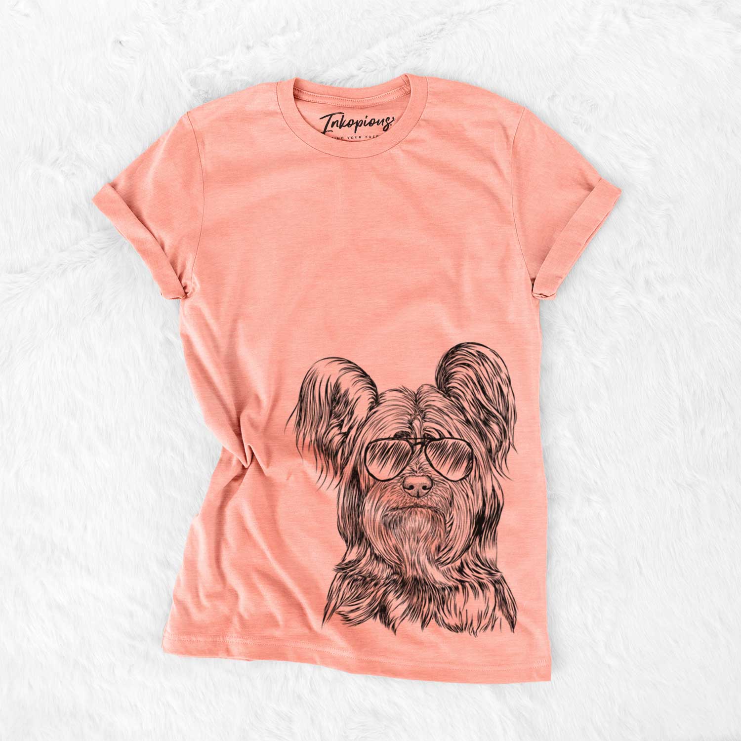 Hand-drawn sketch of Bandit the Skye Terrier wearing aviator sunglasses on a Sunset Bella Canvas Unisex Crewneck