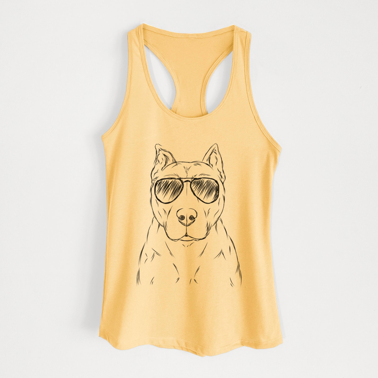 Hand-drawn sketch of Bane the Pitbull Mix wearing aviator sunglasses on a Banana Cream Women's racerback tanktop