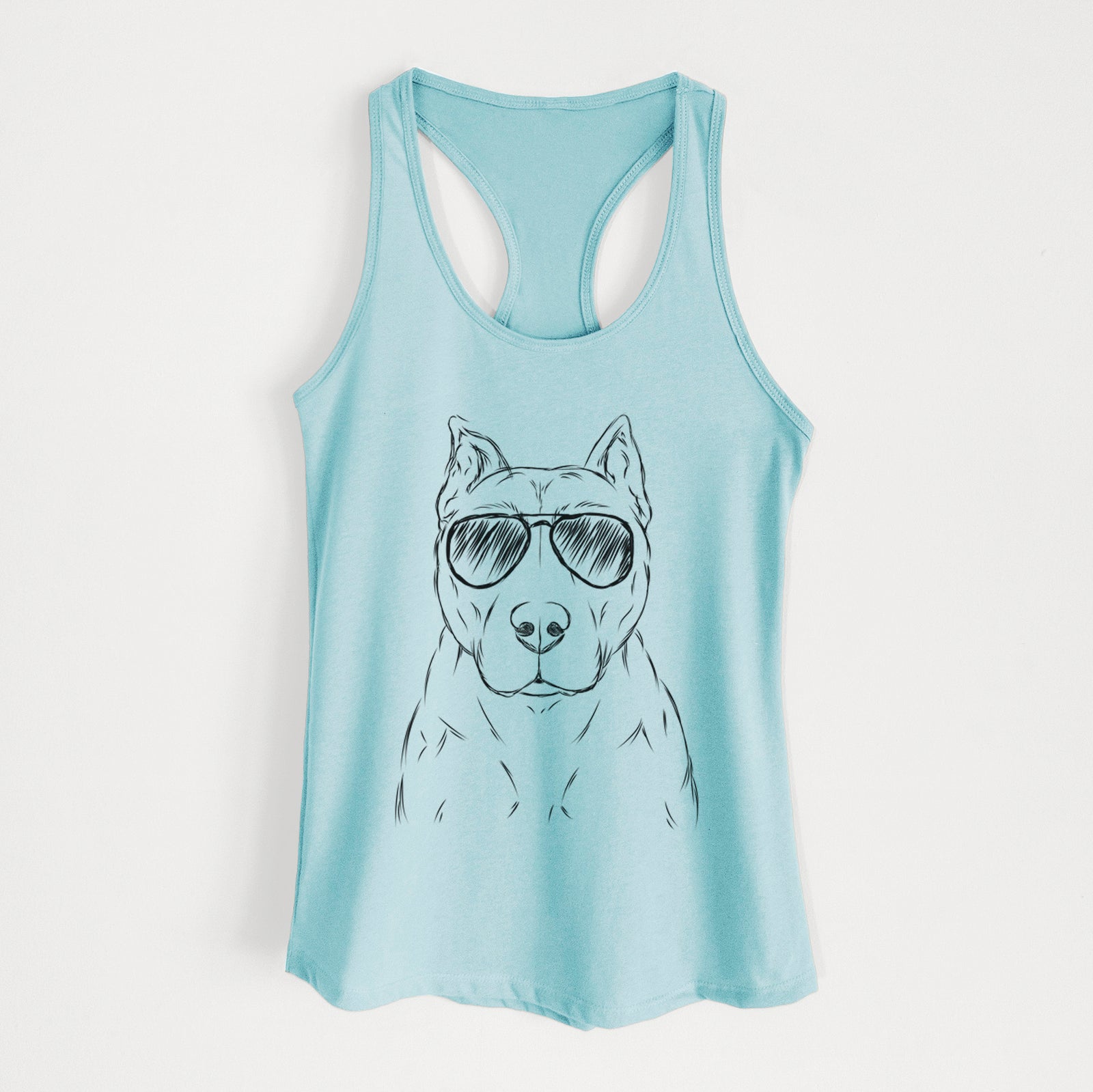 Hand-drawn sketch of Bane the Pitbull Mix wearing aviator sunglasses on a Cancun Blue Women's racerback tanktop