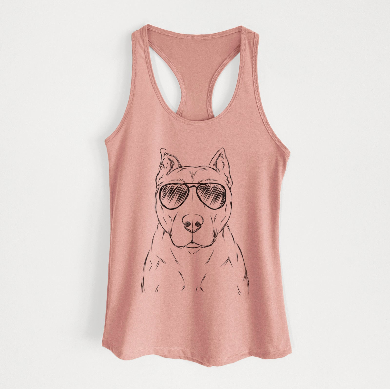 Hand-drawn sketch of Bane the Pitbull Mix wearing aviator sunglasses on a Desert Pink Women's racerback tanktop