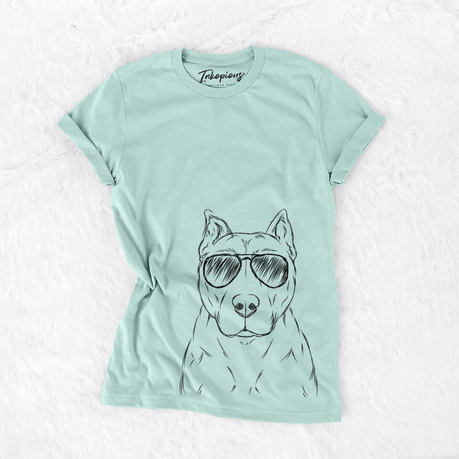 Hand-drawn sketch of Bane the Pitbull Mix wearing aviator sunglasses on a Heather Sage Unisex crewneck