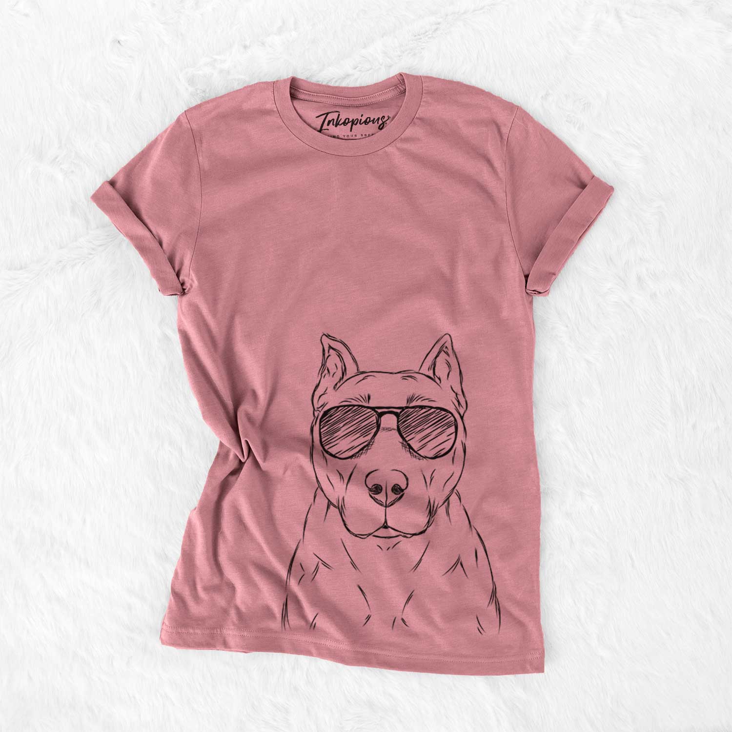 Hand-drawn sketch of Bane the Pitbull Mix wearing aviator sunglasses on a Mauve Bella Canvas Unisex Crewneck