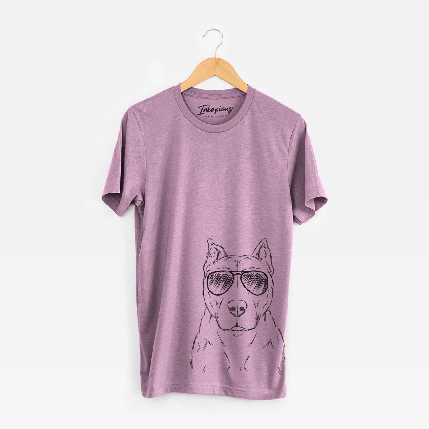Hand-drawn sketch of Bane the Pitbull Mix wearing aviator sunglasses on an Orchid Unisex crewneck