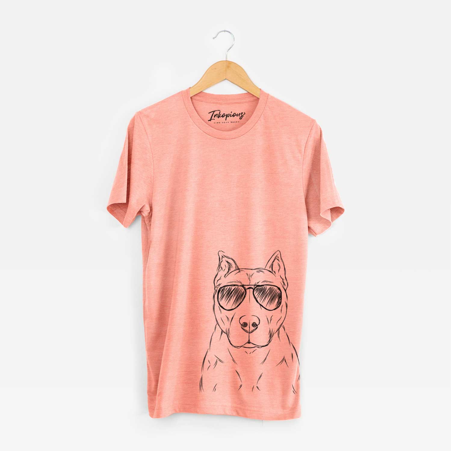 Hand-drawn sketch of Bane the Pitbull Mix wearing aviator sunglasses on a Sunset Unisex crewneck