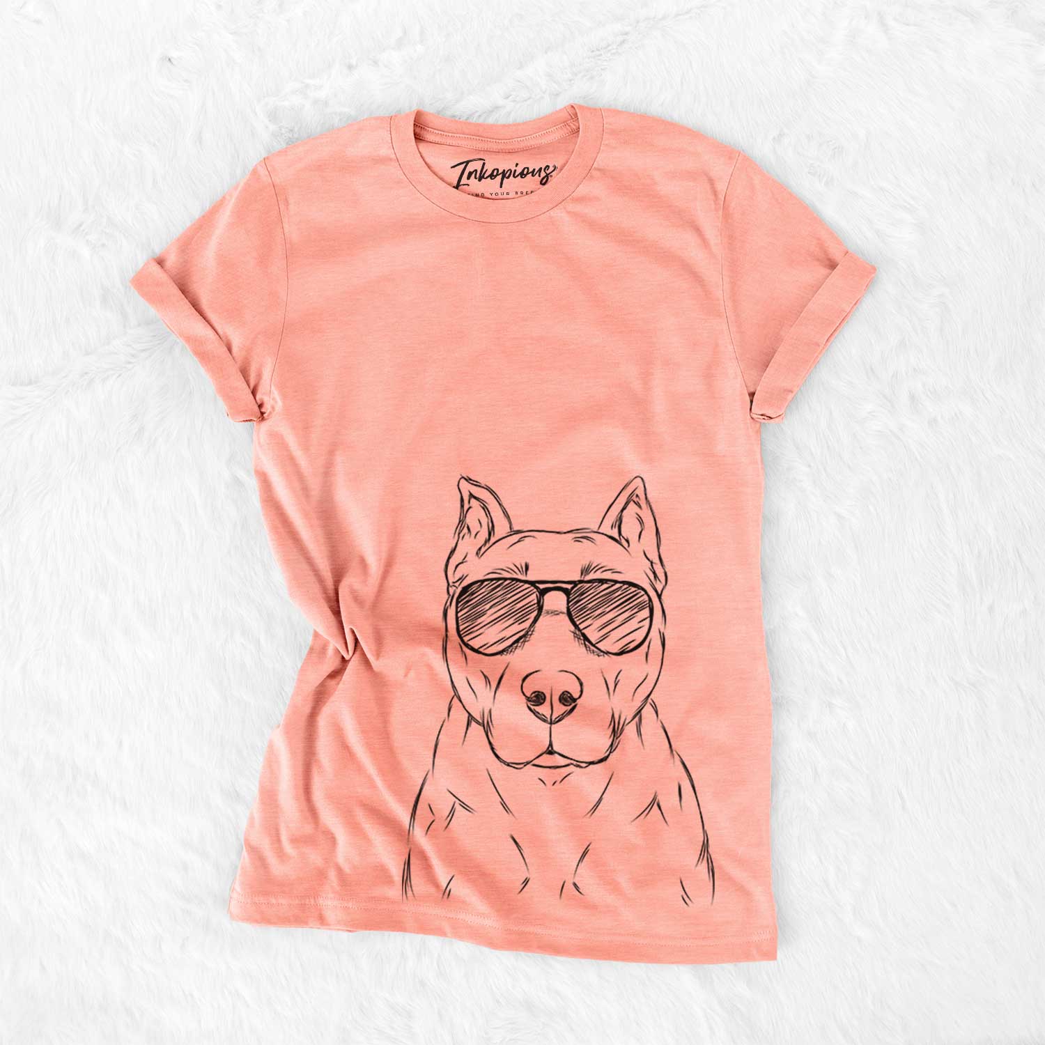 Hand-drawn sketch of Bane the Pitbull Mix wearing aviator sunglasses on a Sunset Bella Canvas Unisex Crewneck