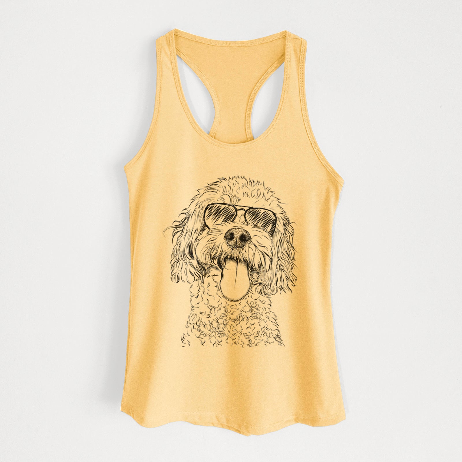 Hand-drawn sketch of Barney the Cavachon wearing aviator sunglasses on a Banana Cream Women's racerback tanktop