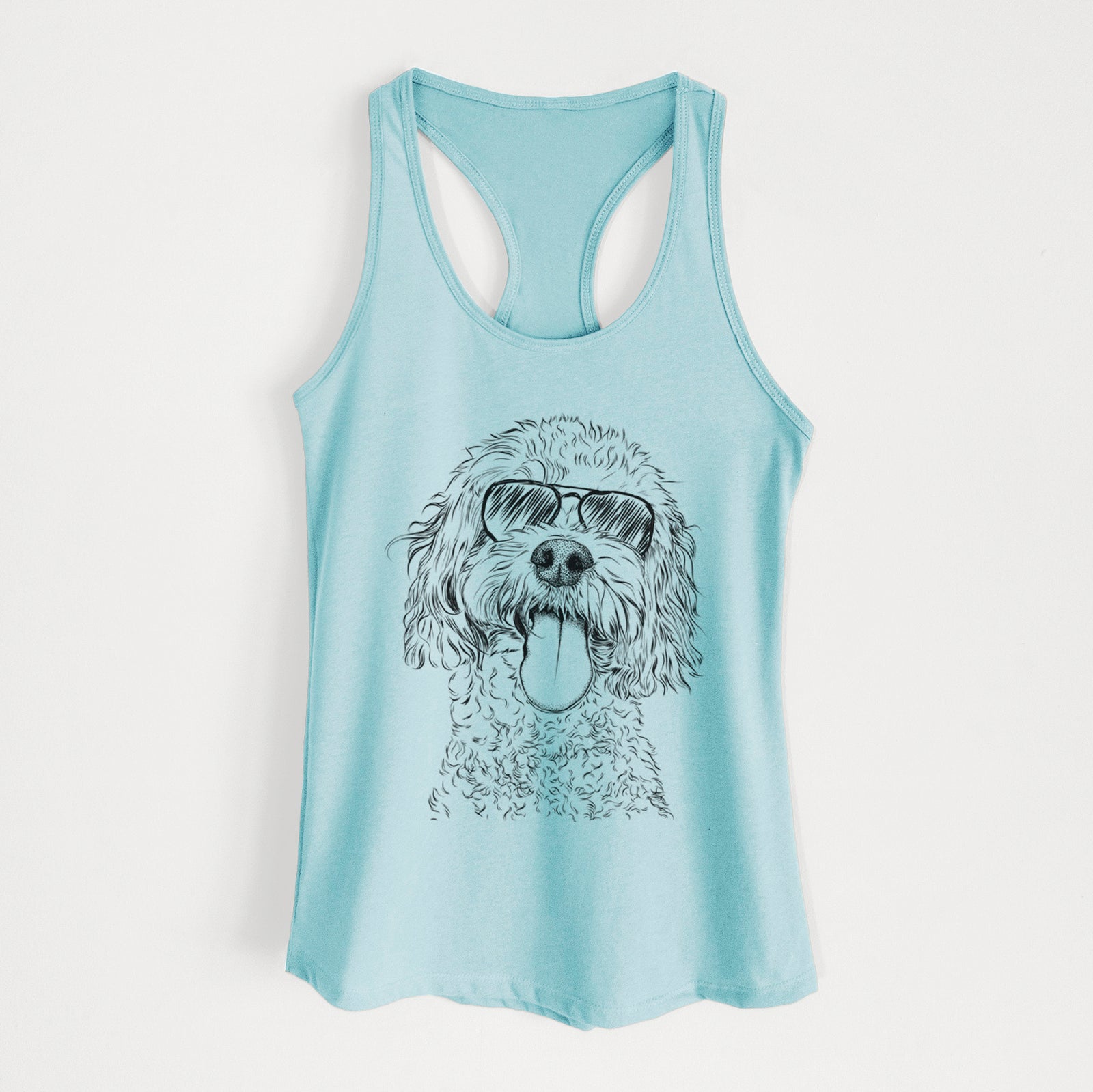 Hand-drawn sketch of Barney the Cavachon wearing aviator sunglasses on a Cancun Blue Women's racerback tanktop