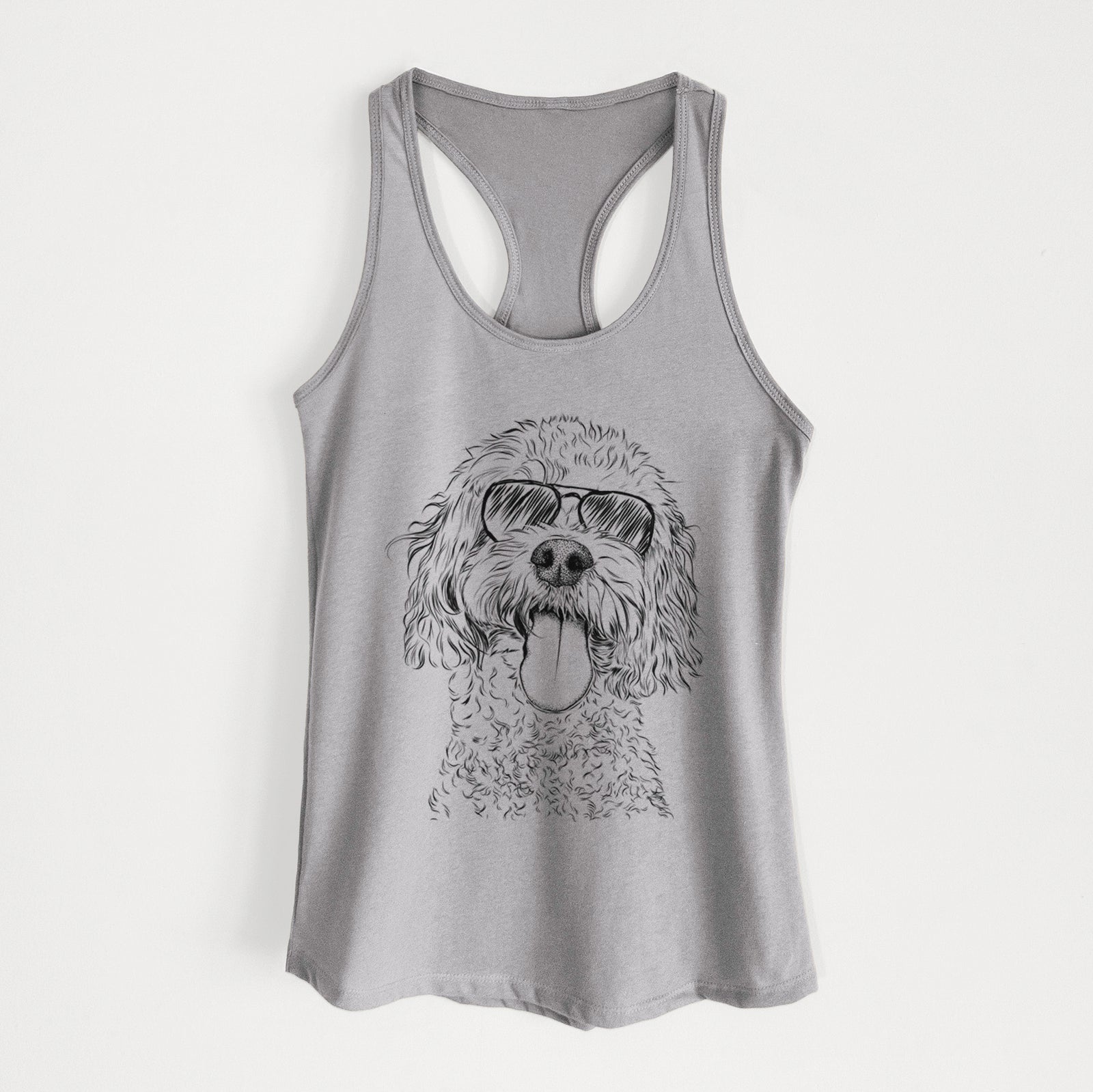 Hand-drawn sketch of Barney the Cavachon wearing aviator sunglasses on a Heather Grey Women's racerback tanktop