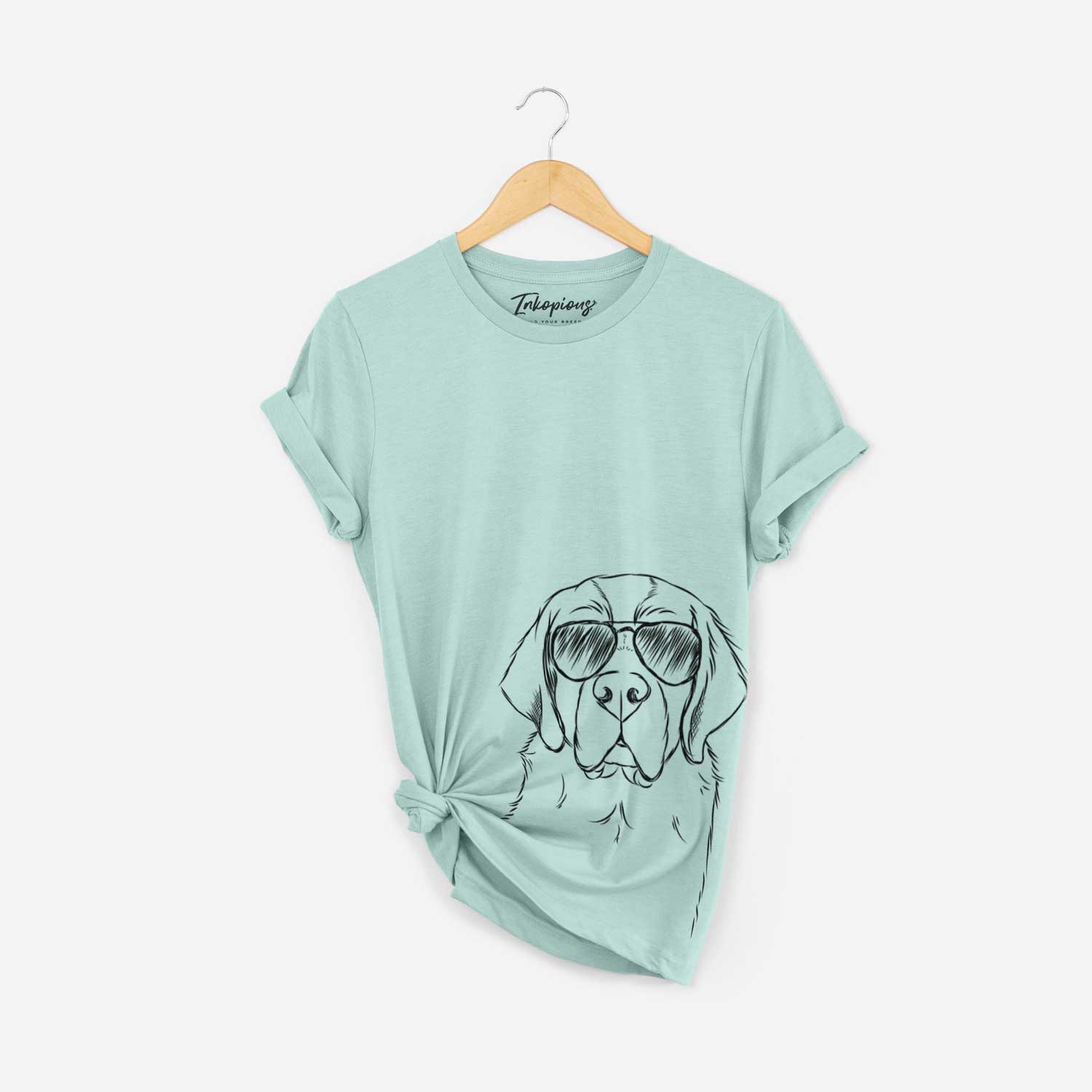 Hand-drawn sketch of Barry the Saint Bernard wearing aviator sunglasses on a Heather Sage Bella Canvas Unisex Crewneck