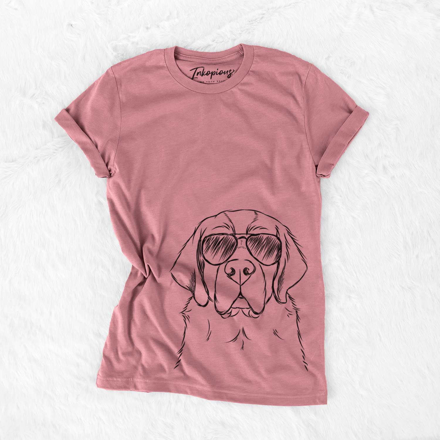 Hand-drawn sketch of Barry the Saint Bernard wearing aviator sunglasses on a Mauve Bella Canvas Unisex Crewneck