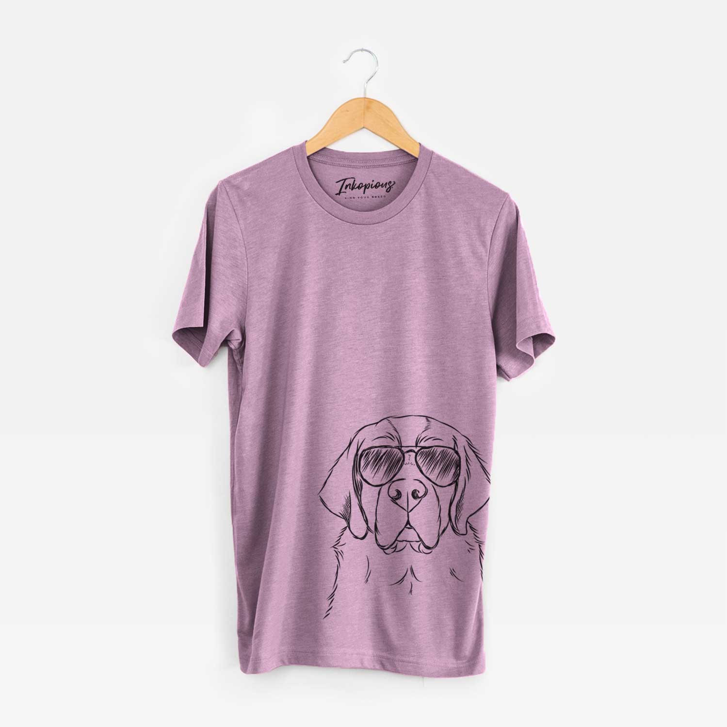 Hand-drawn sketch of Barry the Saint Bernard wearing aviator sunglasses on an Orchid Bella Canvas Unisex Crewneck
