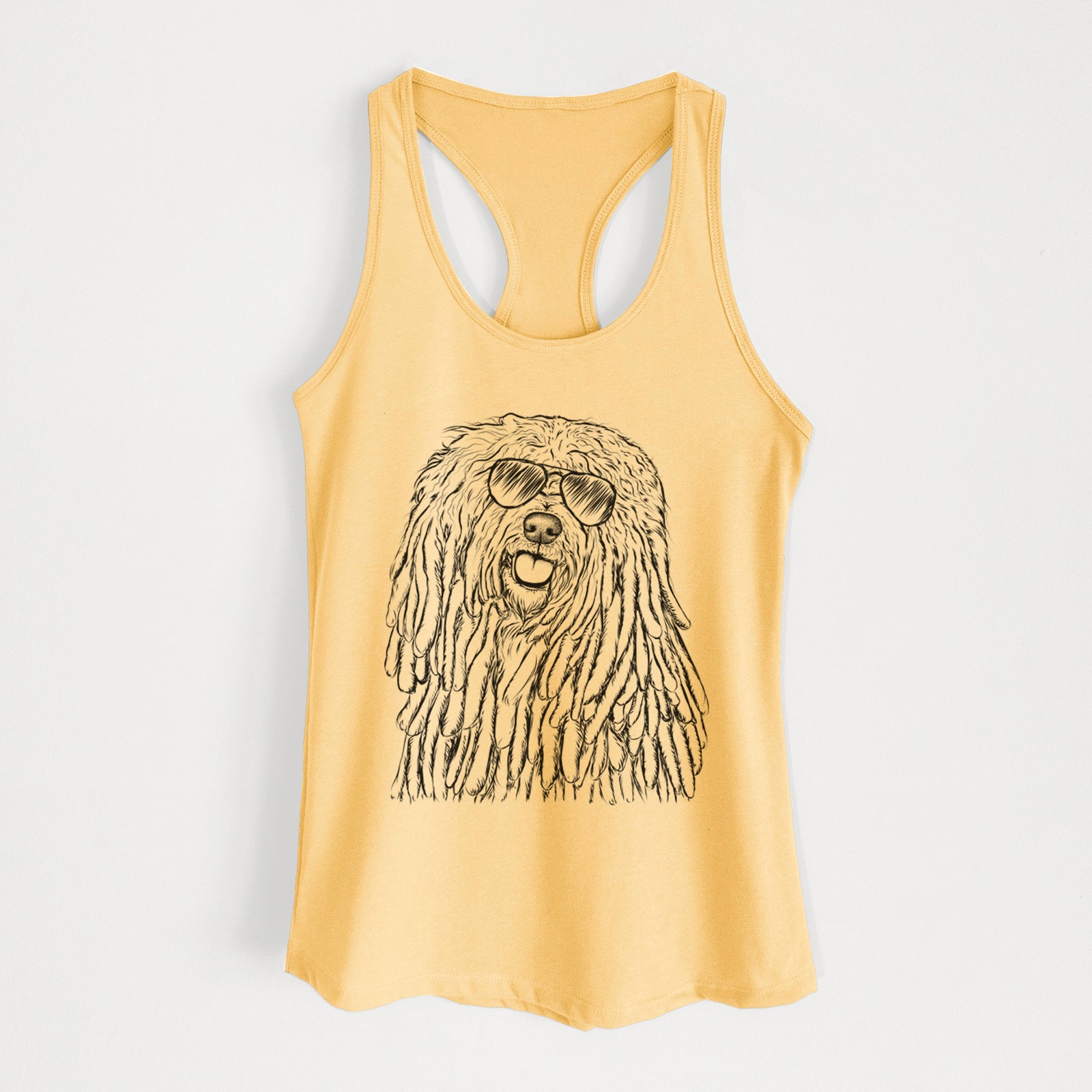 Hand-drawn sketch of Barry the Komondor wearing aviator sunglasses on a Banana Cream Women's racerback tanktop