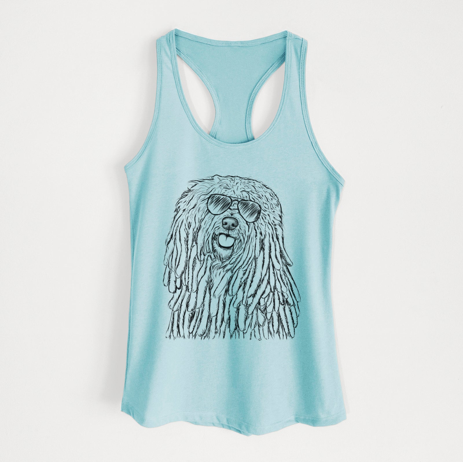 Hand-drawn sketch of Barry the Komondor wearing aviator sunglasses on a Cancun Blue Women's racerback tanktop