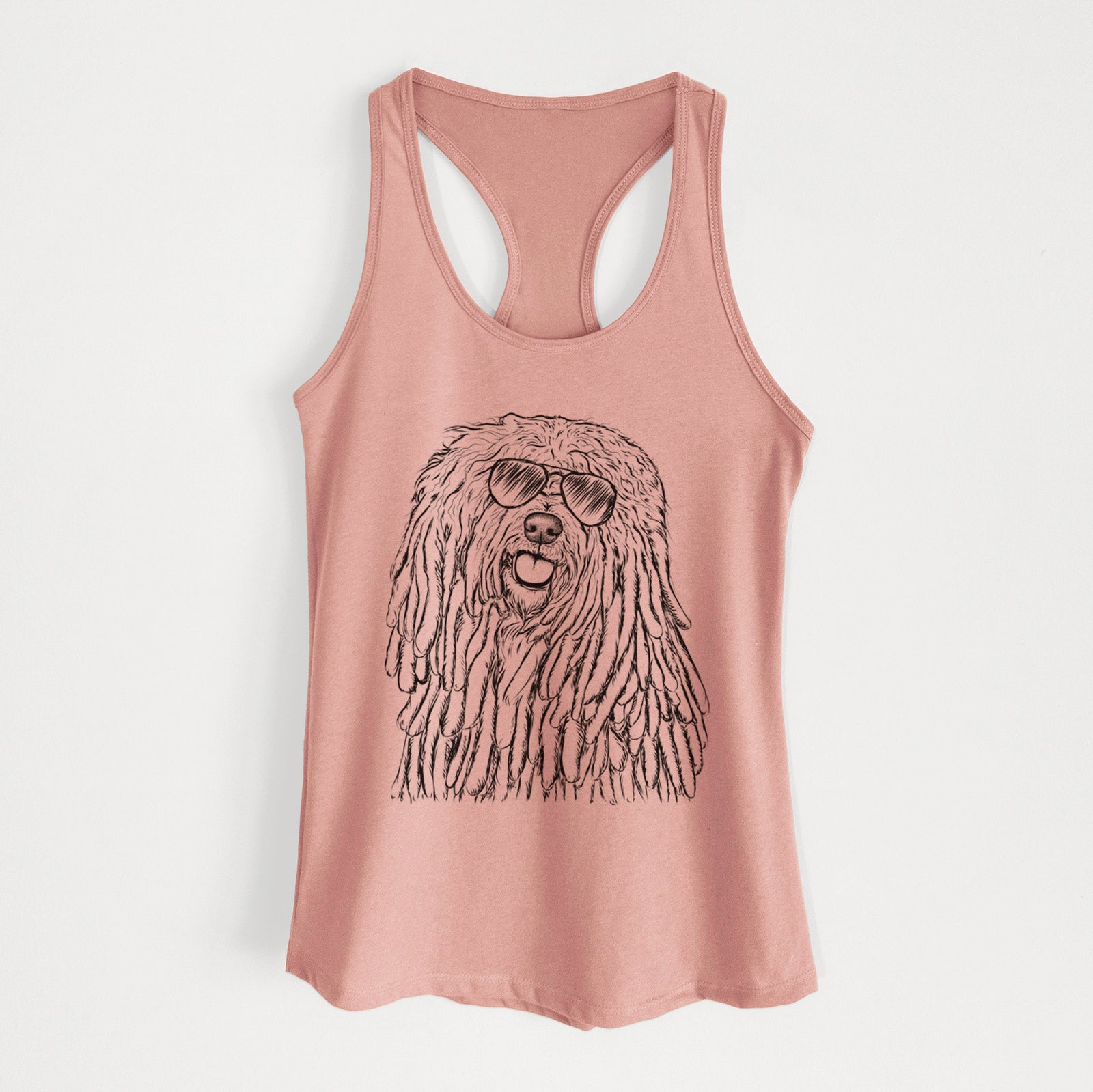 Hand-drawn sketch of Barry the Komondor wearing aviator sunglasses on a Desert Pink Women's racerback tanktop