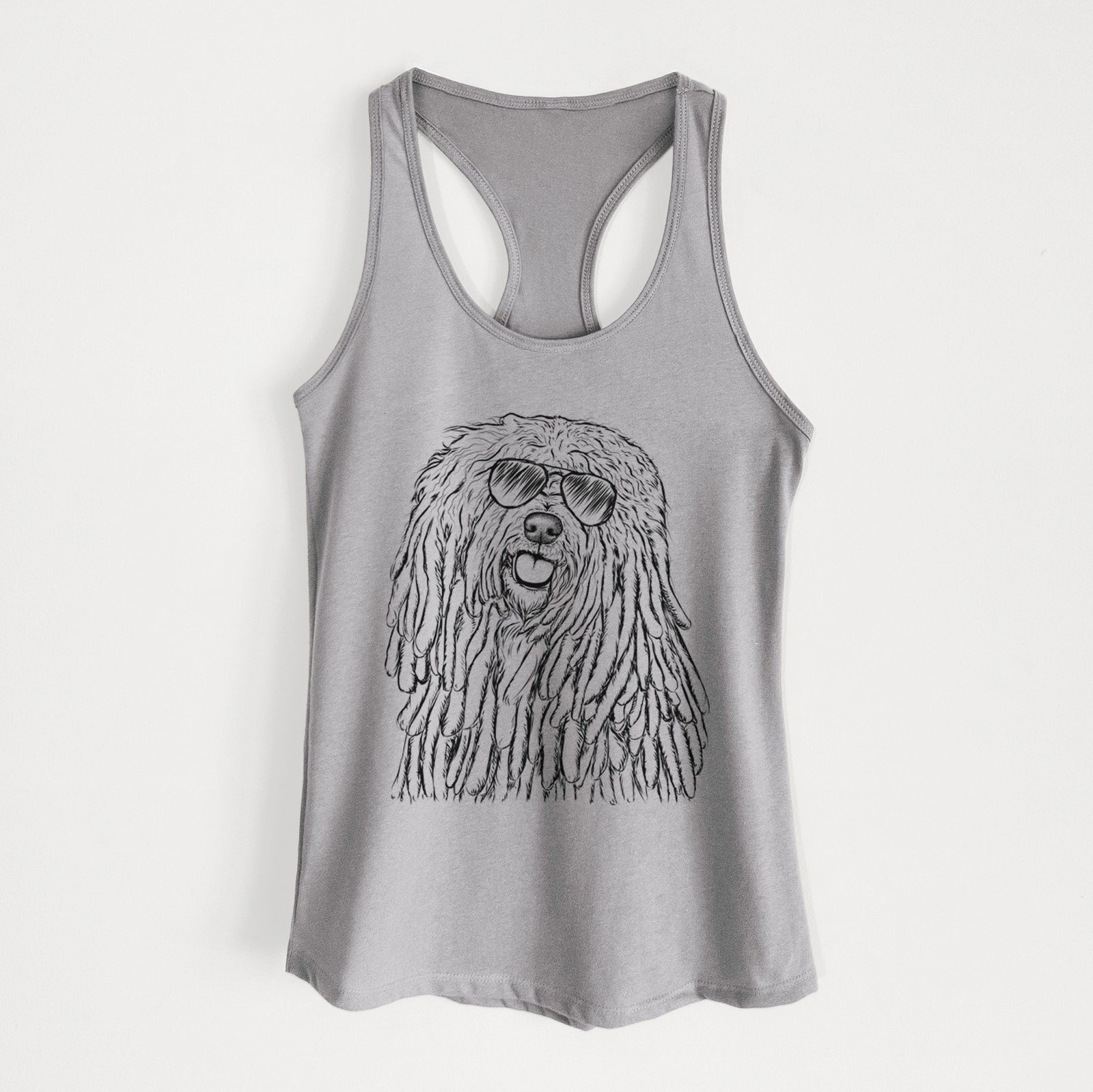 Hand-drawn sketch of Barry the Komondor wearing aviator sunglasses on a Heather Grey Women's racerback tanktop