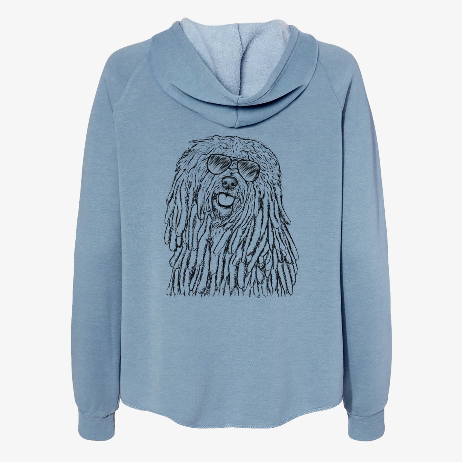 Hand-drawn sketch of Barry the Komondor wearing aviator sunglasses on a Misty Blue Women's cali wave zip-up sweatshirt