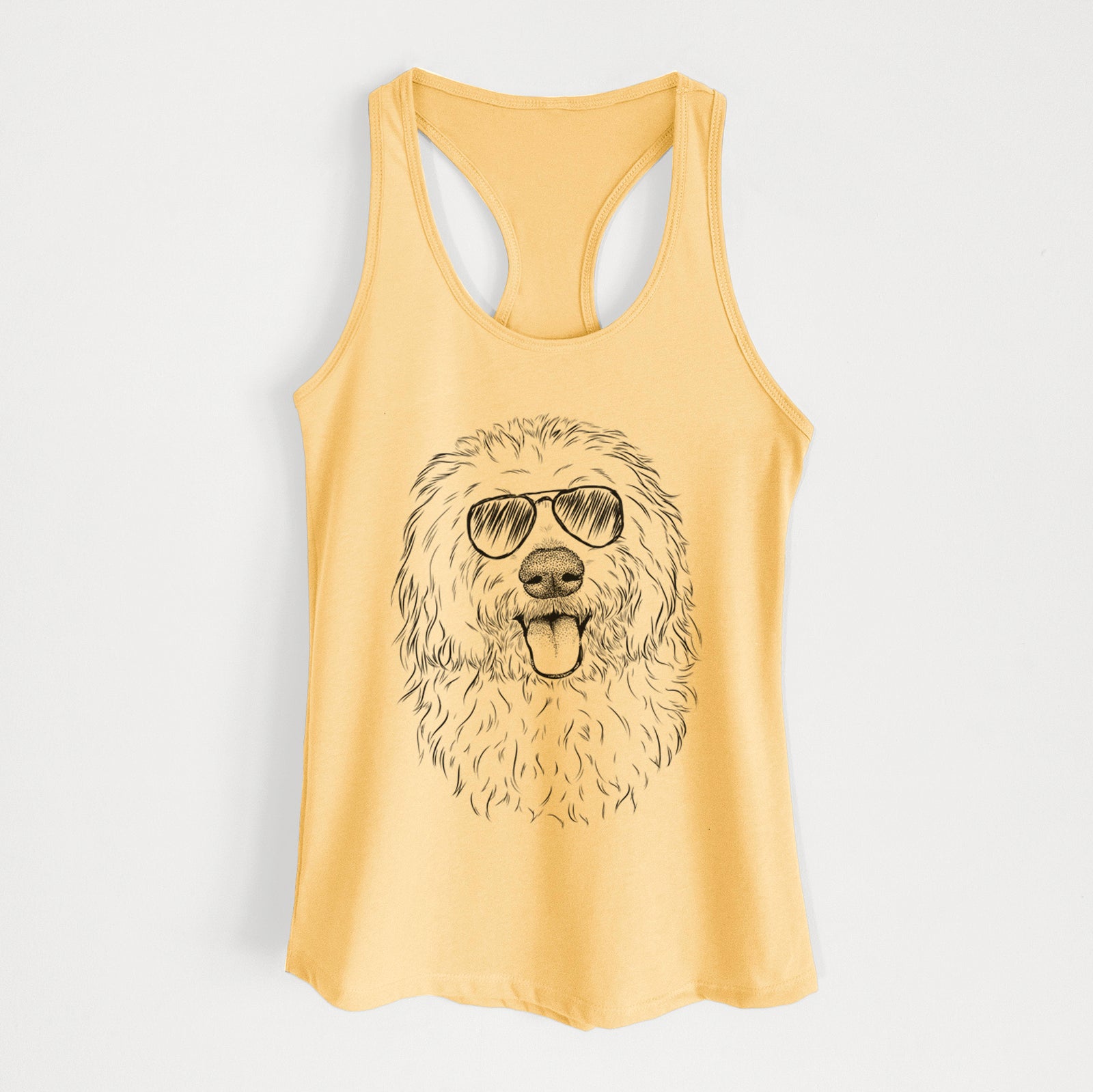 Hand-drawn sketch of Barry the Old English Sheepdog wearing aviator sunglasses on a Banana Cream Women's racerback tanktop