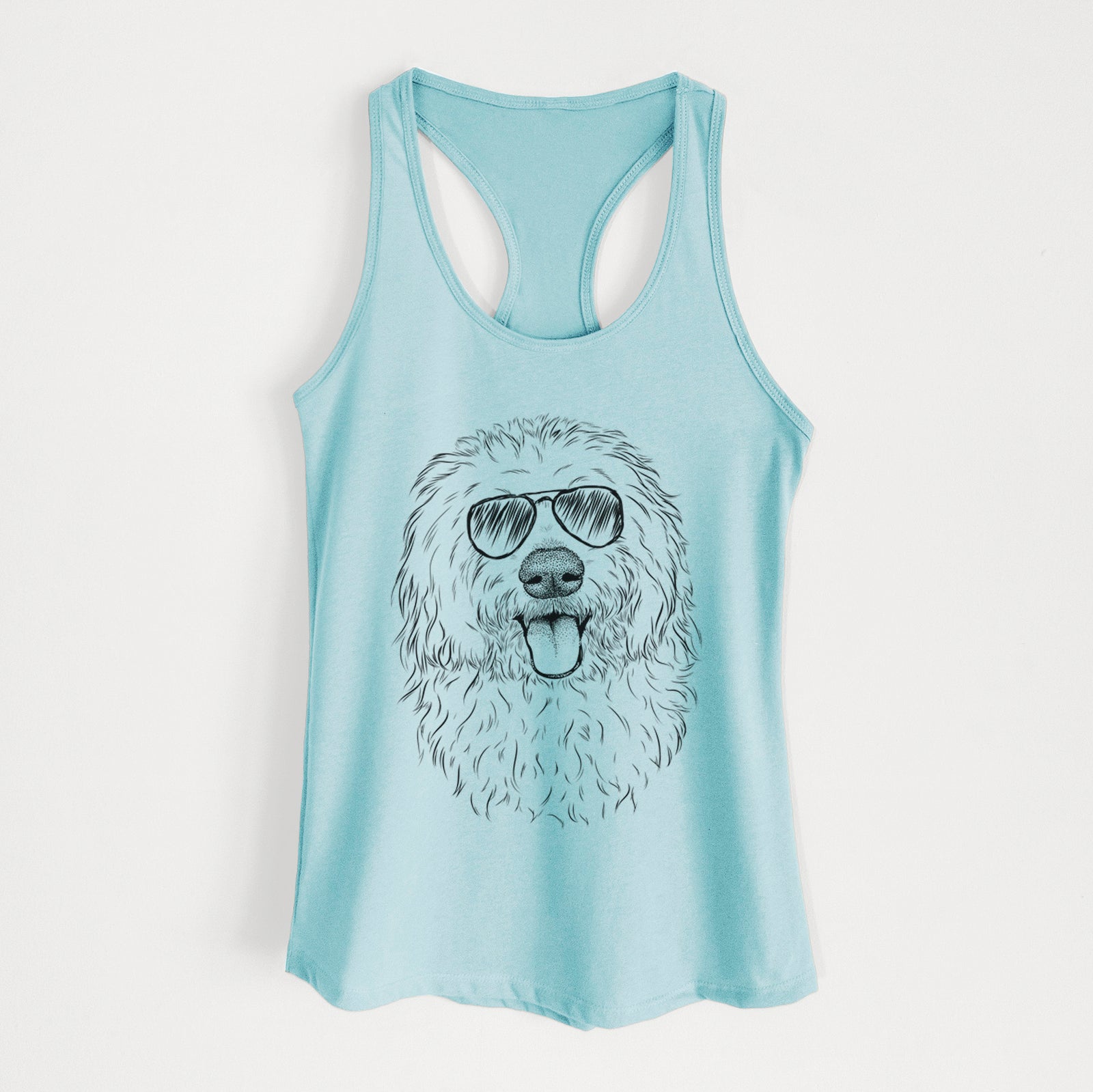 Hand-drawn sketch of Barry the Old English Sheepdog wearing aviator sunglasses on a Cancun Blue Women's racerback tanktop