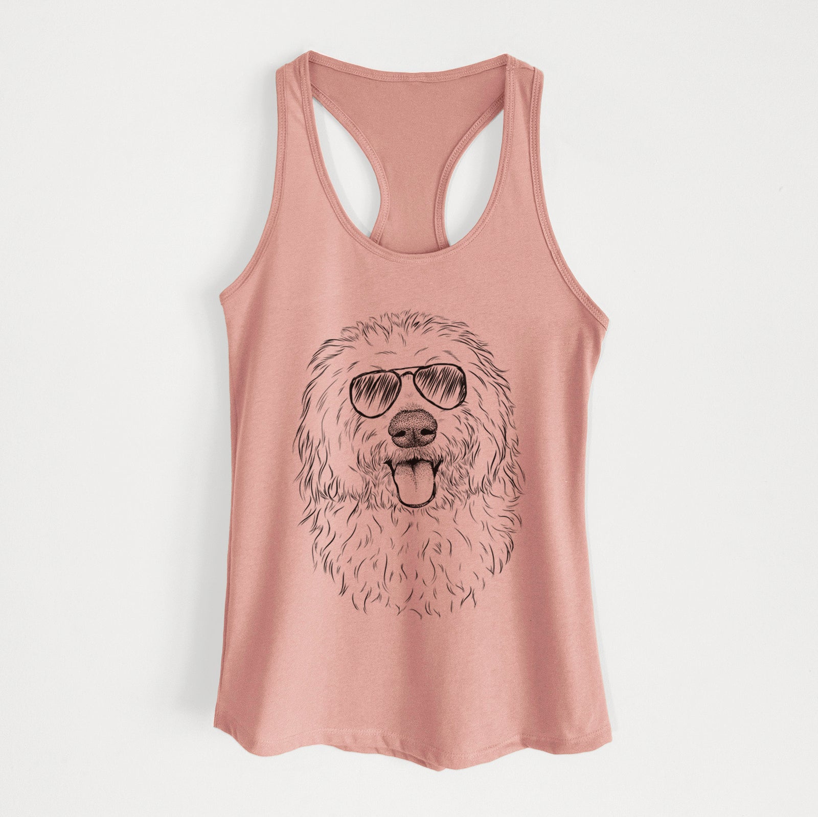 Hand-drawn sketch of Barry the Old English Sheepdog wearing aviator sunglasses on a Desert Pink Women's racerback tanktop