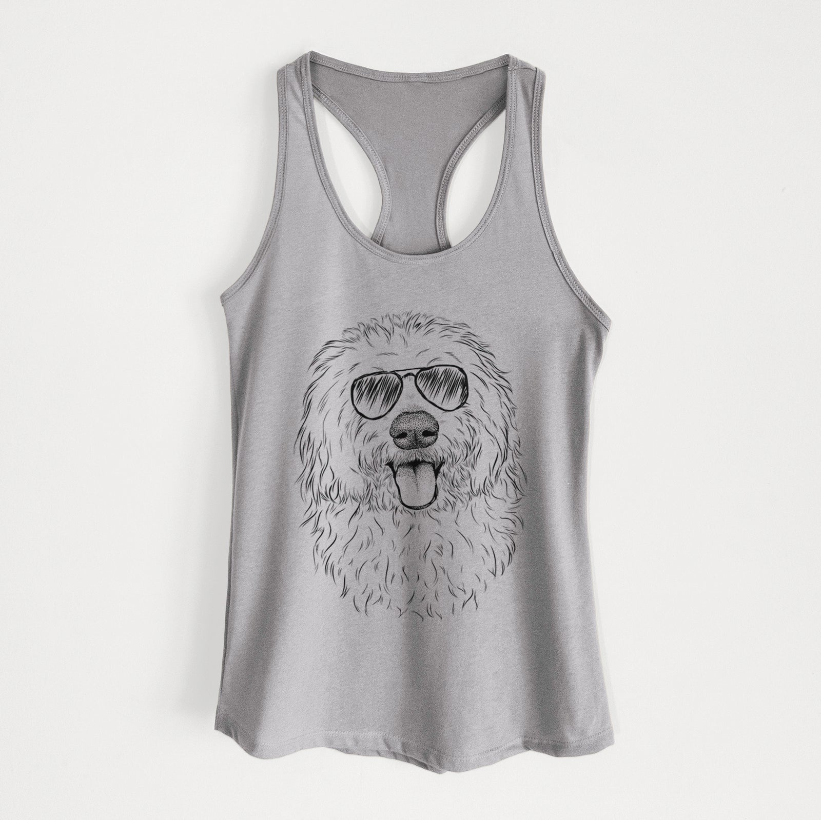 Hand-drawn sketch of Barry the Old English Sheepdog wearing aviator sunglasses on a Heather Grey Women's racerback tanktop