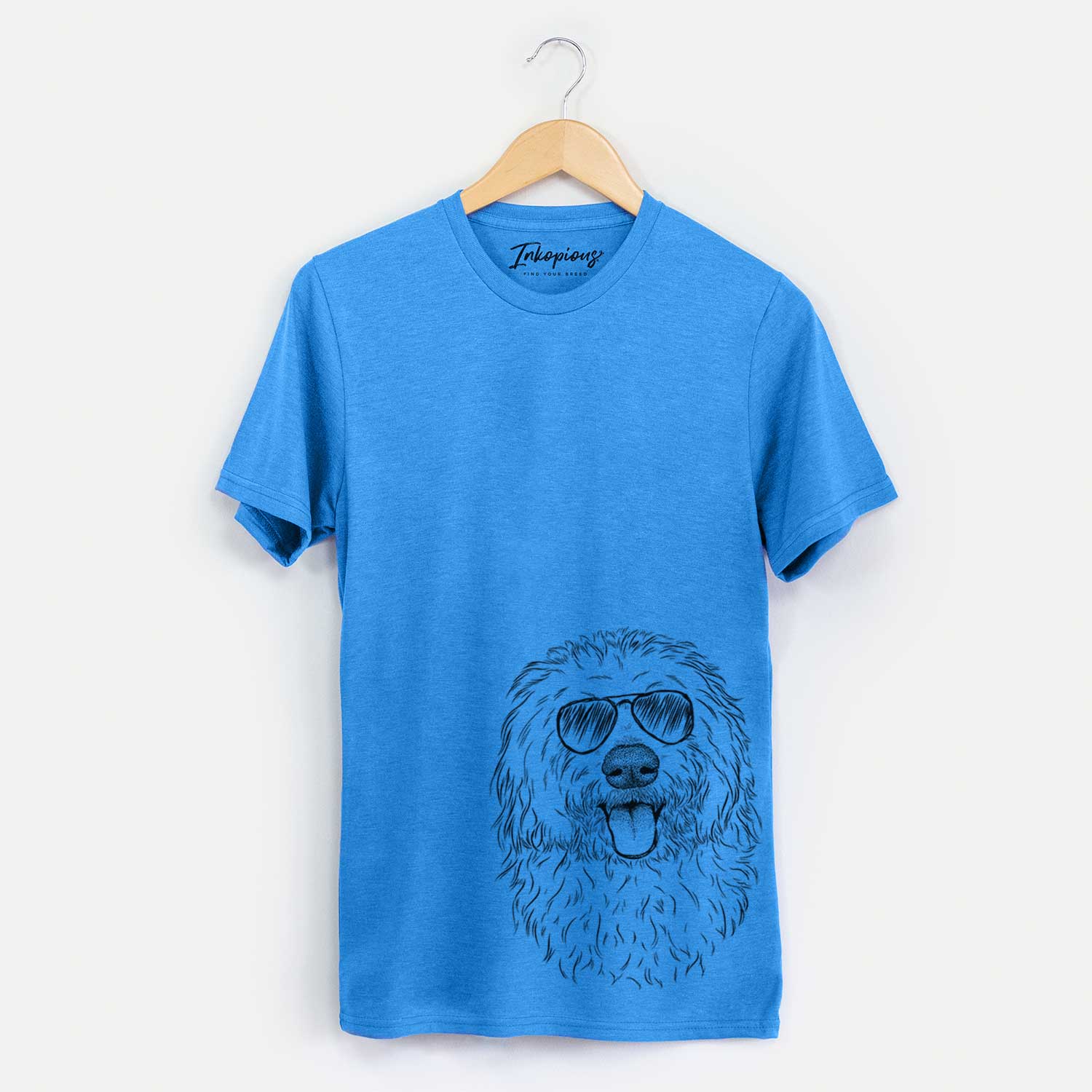 Hand-drawn sketch of Barry the Old English Sheepdog wearing aviator sunglasses on a Blue Unisex crewneck