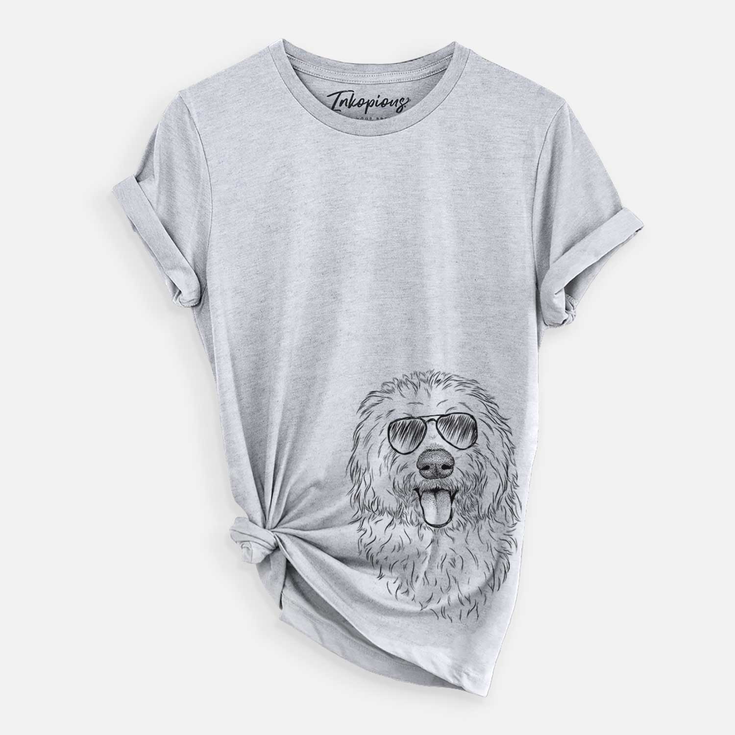 Hand-drawn sketch of Barry the Old English Sheepdog wearing aviator sunglasses on a Grey Unisex crewneck
