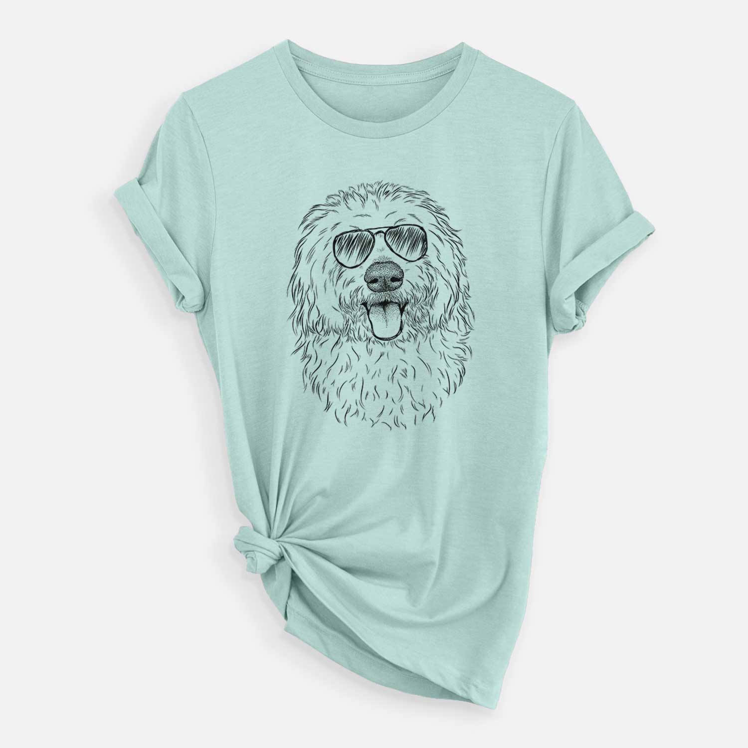 Hand-drawn sketch of Barry the Old English Sheepdog wearing aviator sunglasses on a Heather Sage Unisex crewneck