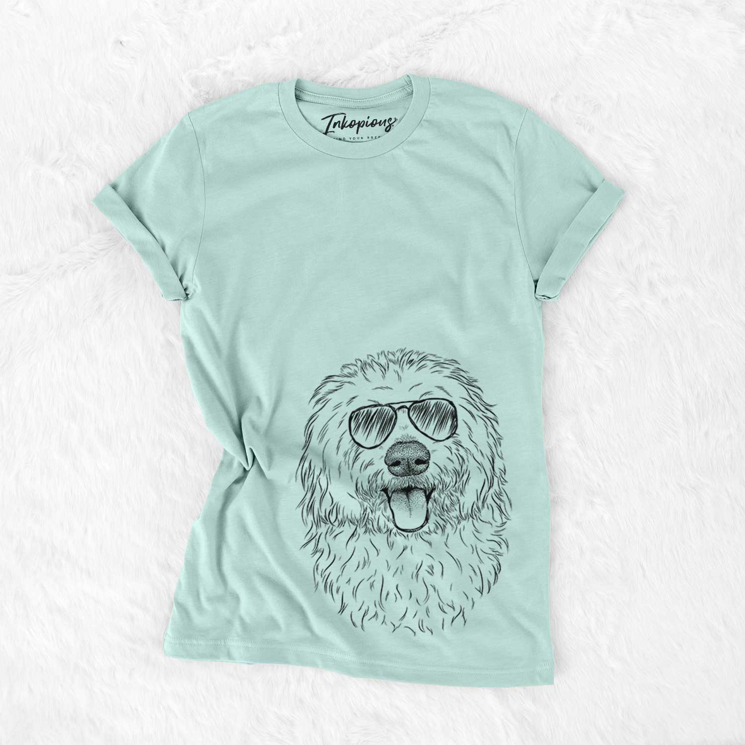 Hand-drawn sketch of Barry the Old English Sheepdog wearing aviator sunglasses on a Heather Sage Unisex crewneck