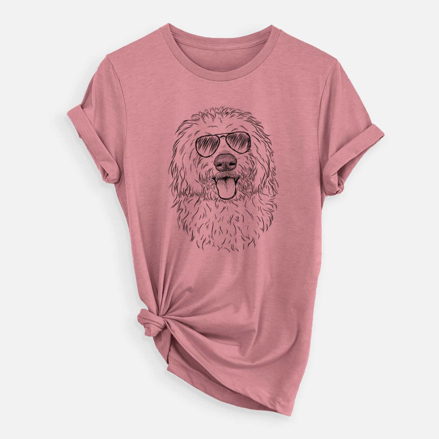 Hand-drawn sketch of Barry the Old English Sheepdog wearing aviator sunglasses on a Mauve Unisex crewneck