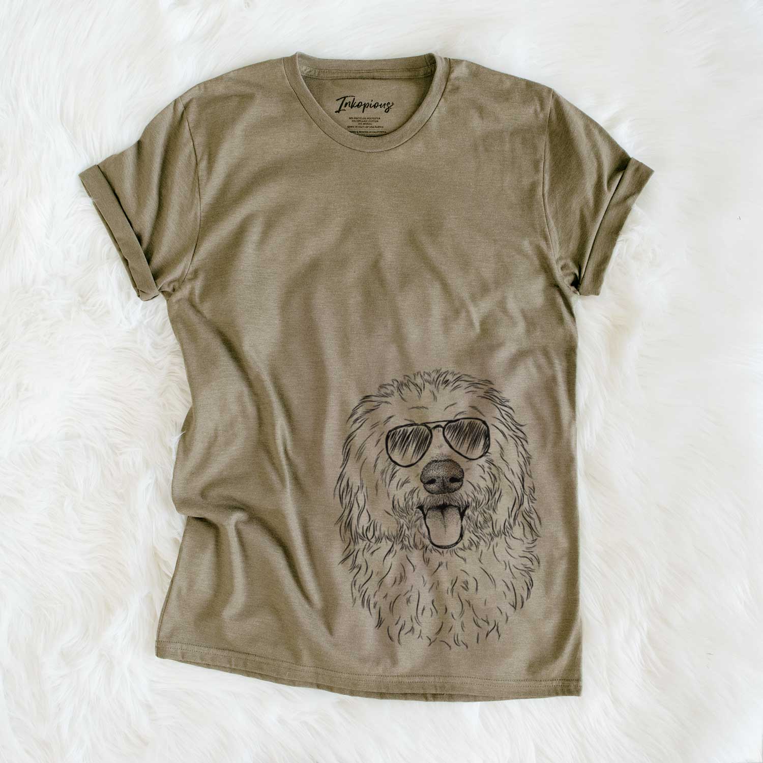 Hand-drawn sketch of Barry the Old English Sheepdog wearing aviator sunglasses on an Olive Unisex crewneck