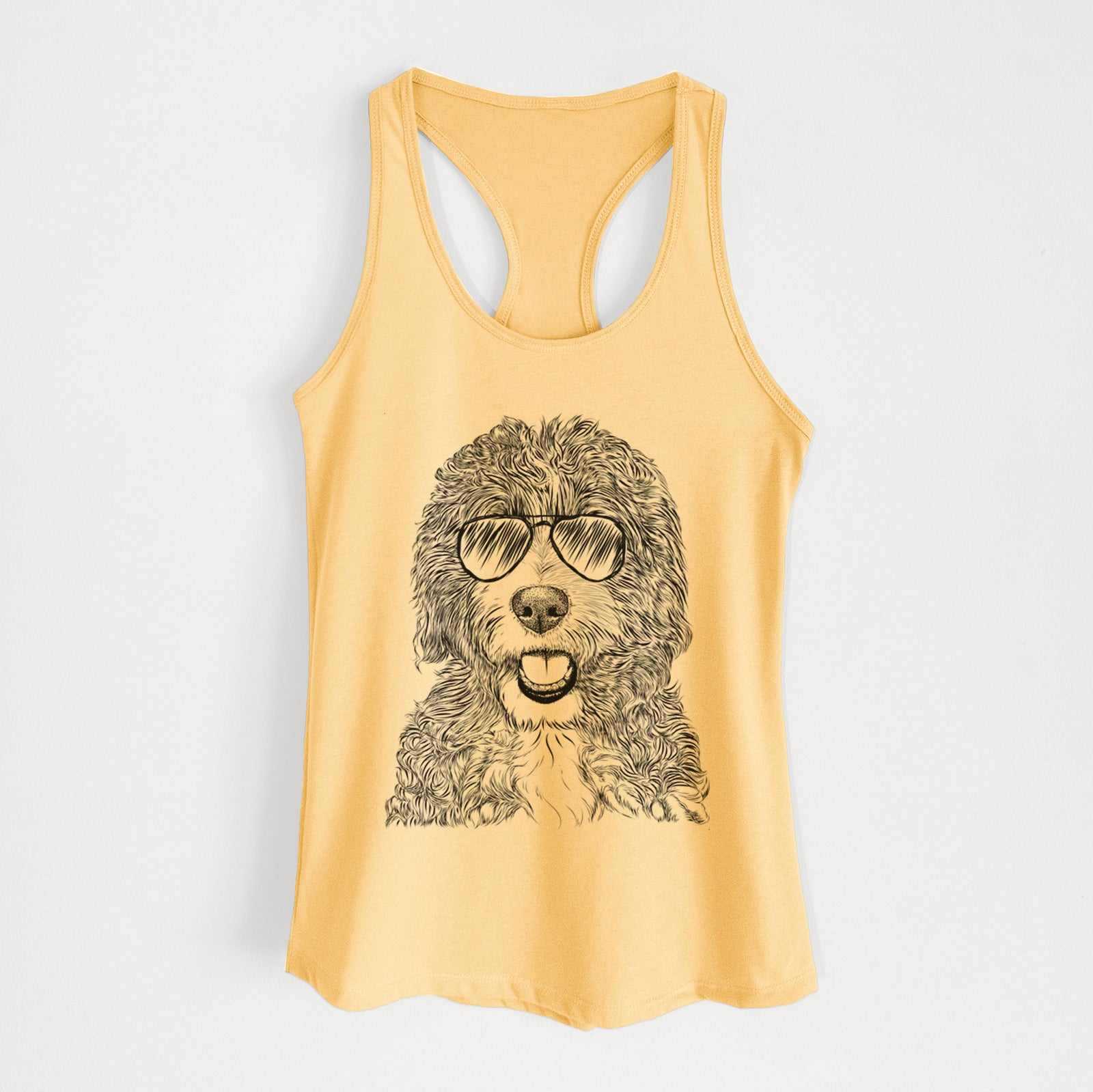 Hand-drawn sketch of Bash the Bernedoodle wearing aviator sunglasses on a Banana Cream Women's racerback tanktop