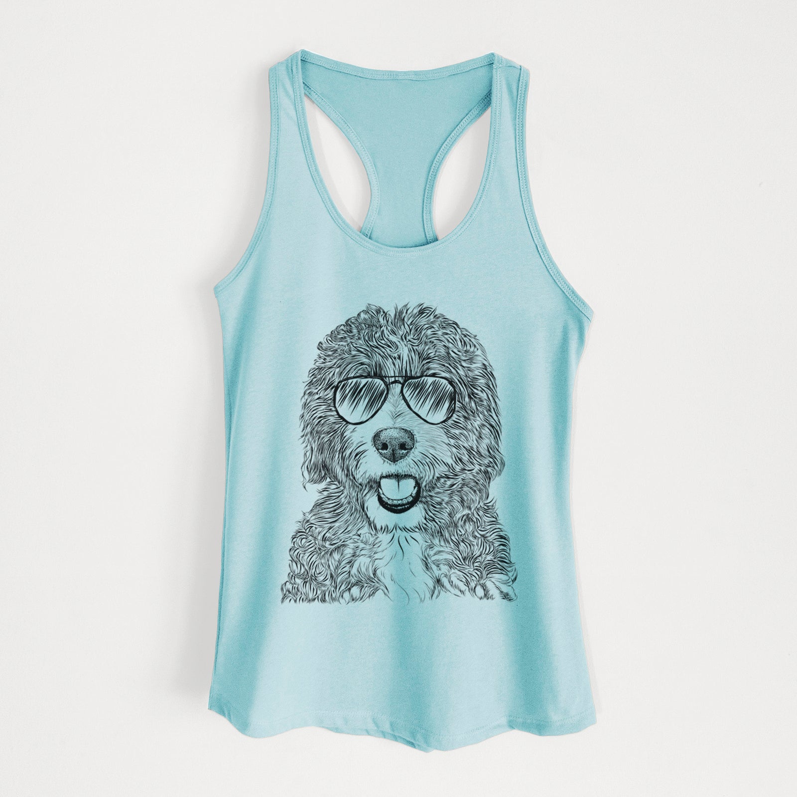 Hand-drawn sketch of Bash the Bernedoodle wearing aviator sunglasses on a Cancun Blue Women's racerback tanktop