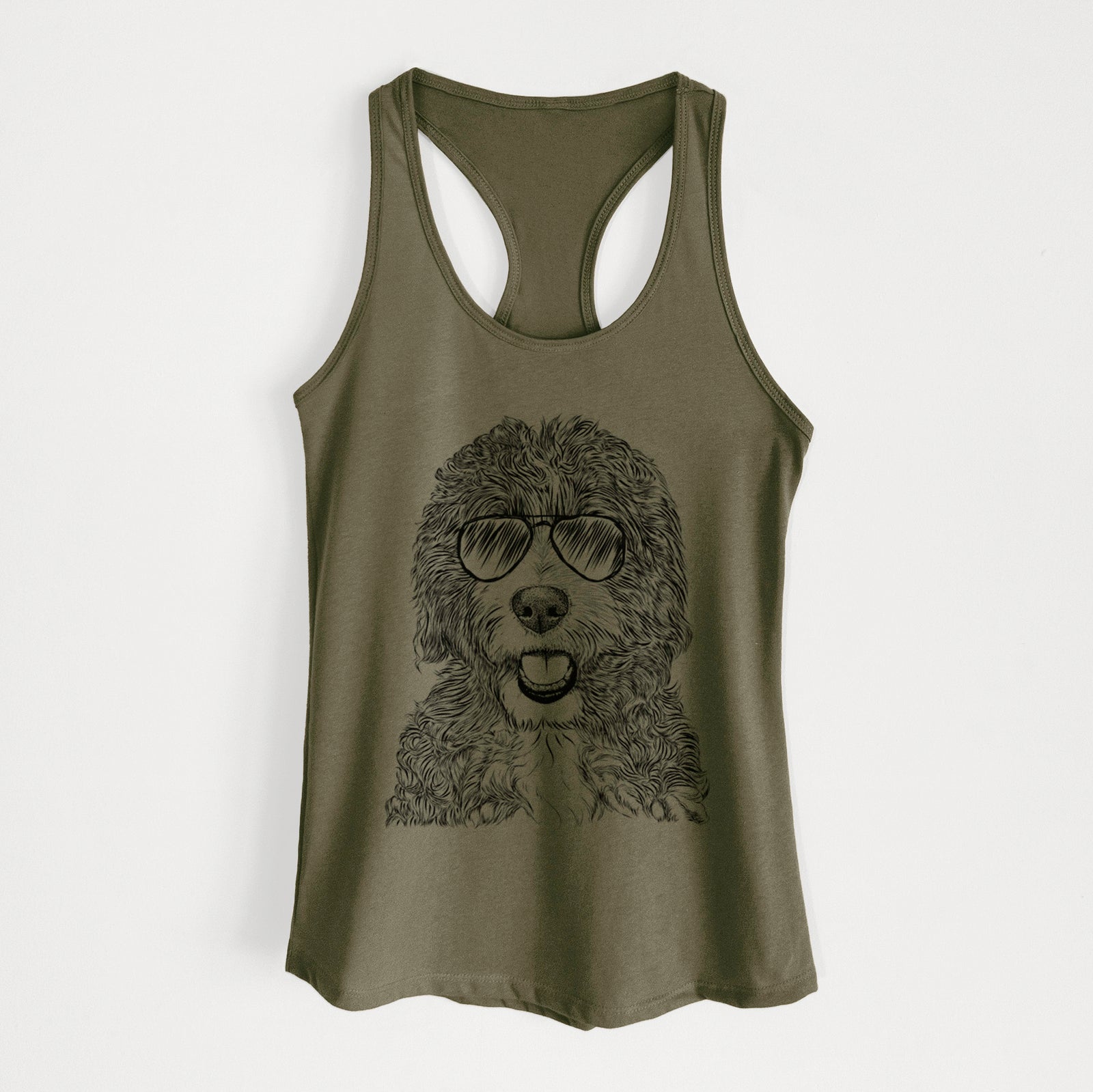 Hand-drawn sketch of Bash the Bernedoodle wearing aviator sunglasses on a Military Green Women's racerback tanktop