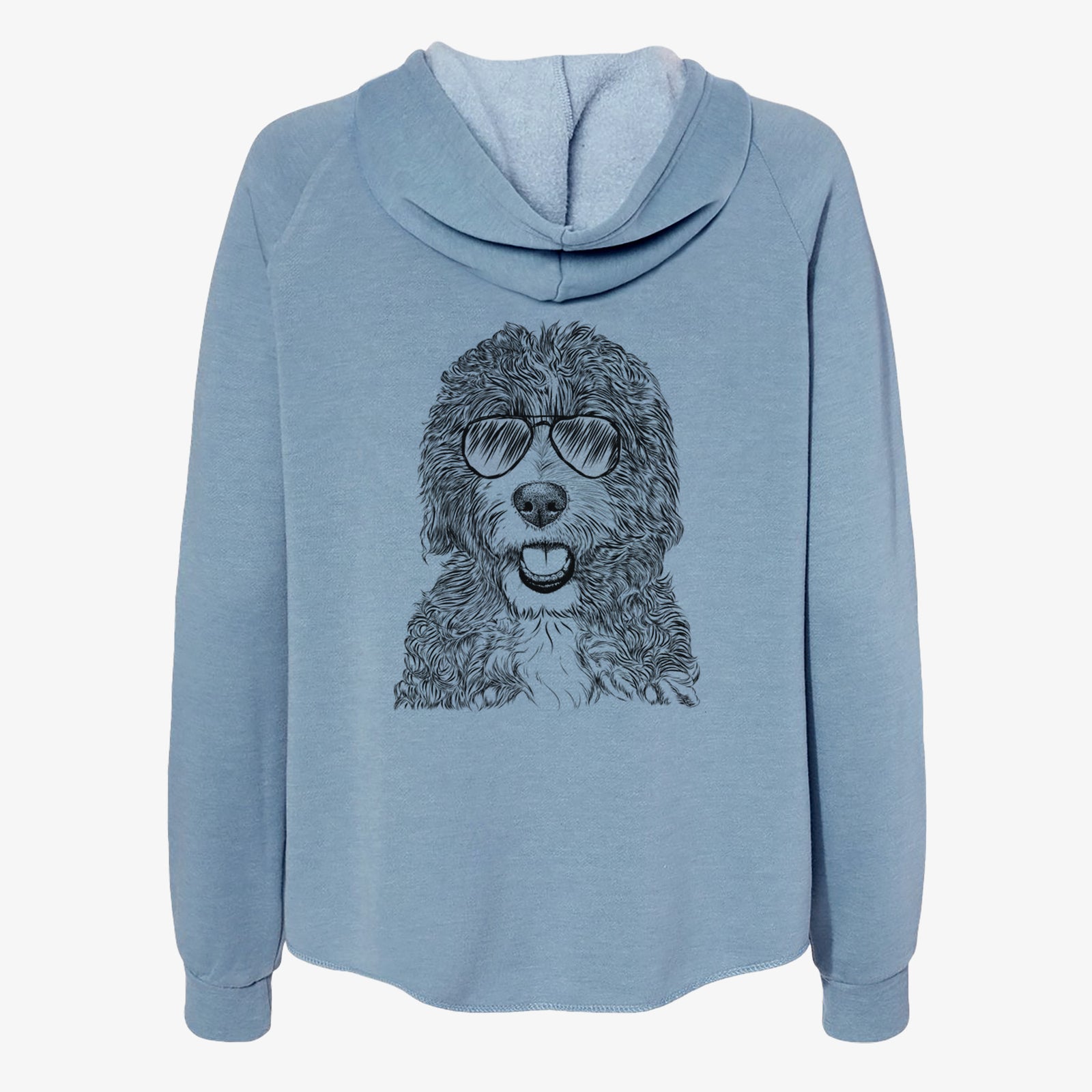 Hand-drawn sketch of Bash the Bernedoodle wearing aviator sunglasses on a Misty Blue Women's cali wave zip-up sweatshirt