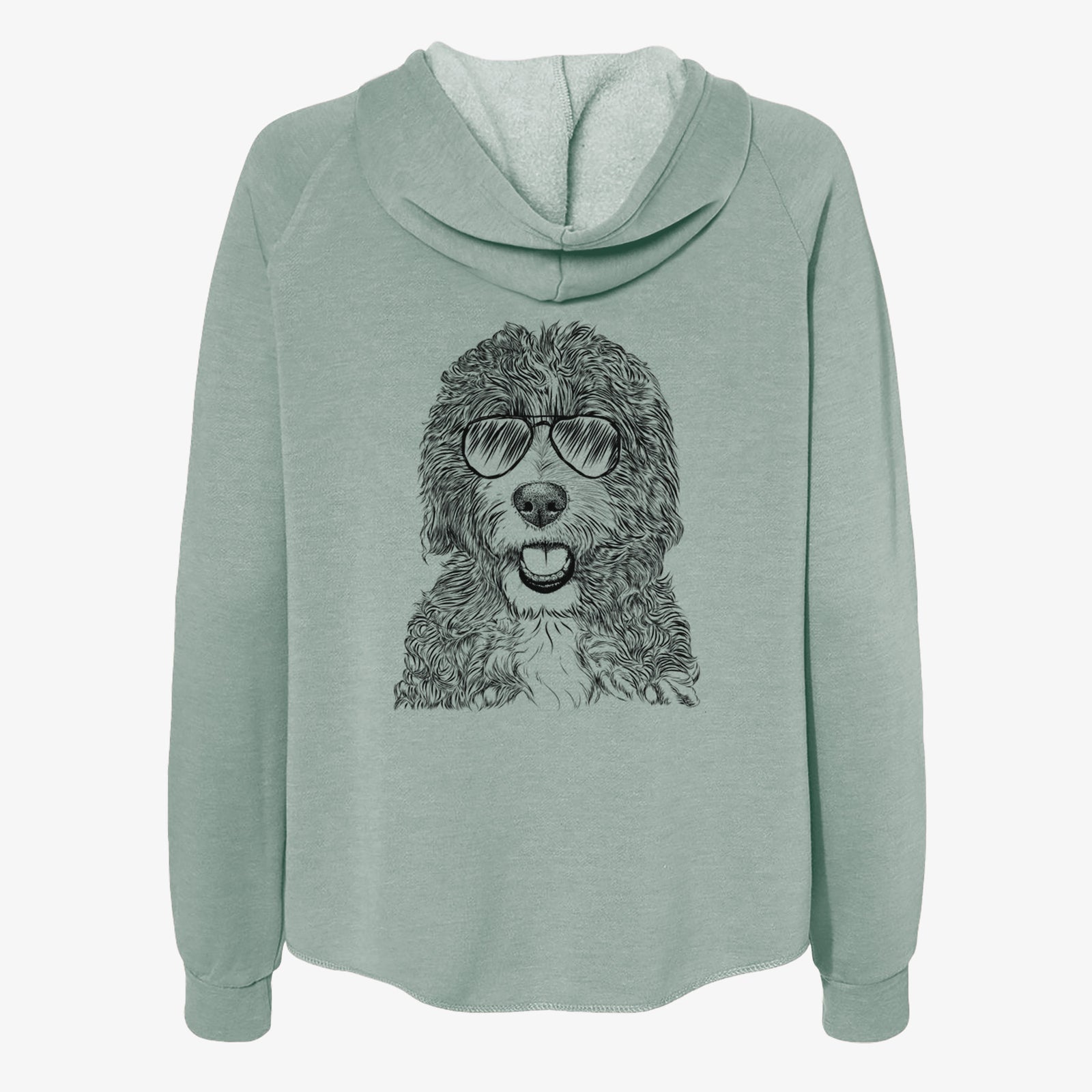 Hand-drawn sketch of Bash the Bernedoodle wearing aviator sunglasses on a Sage Women's cali wave zip-up sweatshirt