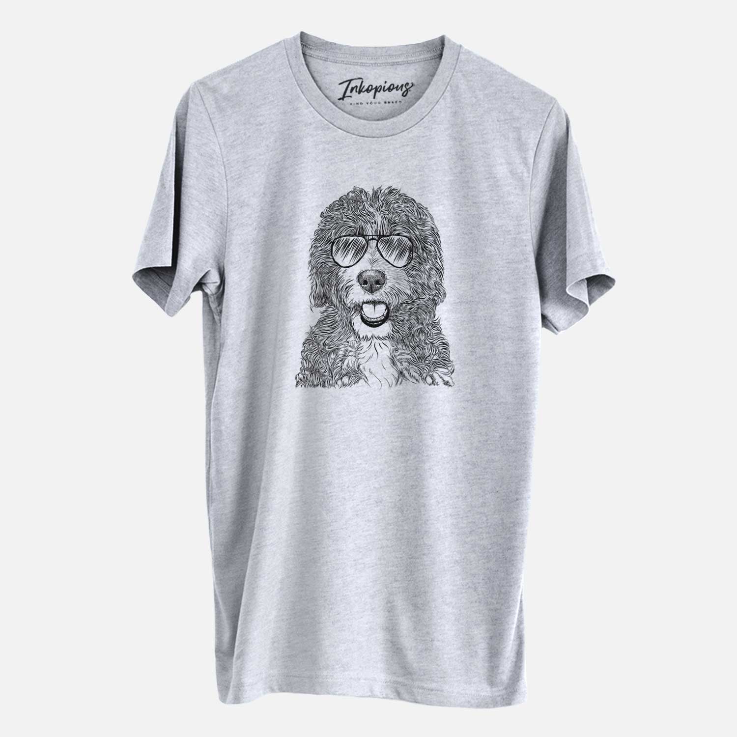 Hand-drawn sketch of Bash the Bernedoodle wearing aviator sunglasses on a Grey Unisex crewneck