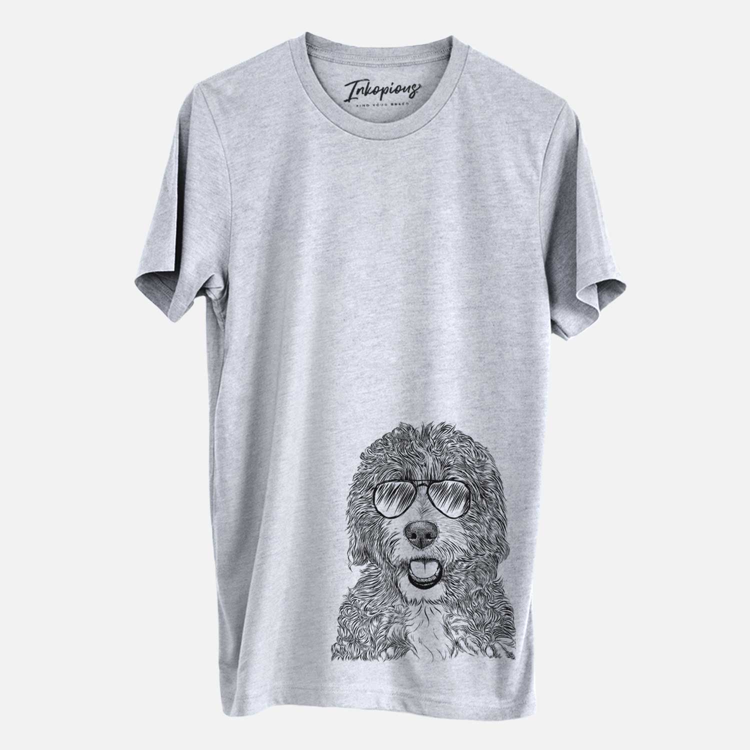 Hand-drawn sketch of Bash the Bernedoodle wearing aviator sunglasses on a Grey Unisex crewneck
