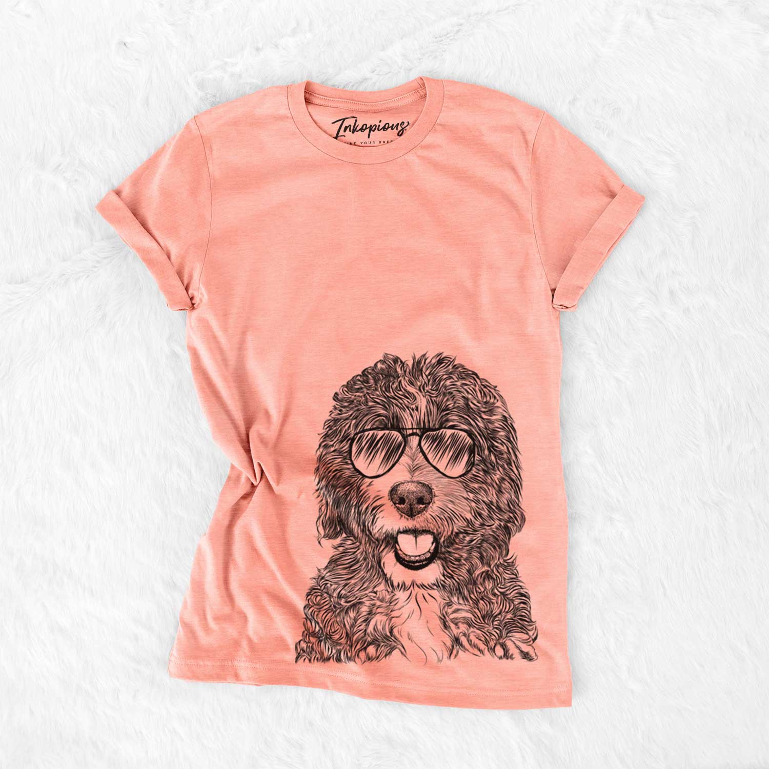 Hand-drawn sketch of Bash the Bernedoodle wearing aviator sunglasses on a Sunset Bella Canvas Unisex Crewneck