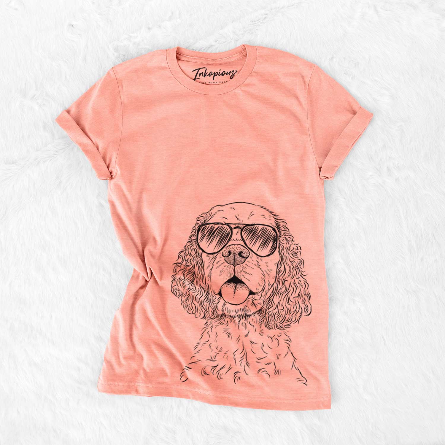 Hand-drawn sketch of Baxter the American Cocker Spaniel wearing aviator sunglasses on a Sunset Bella Canvas Unisex Crewneck