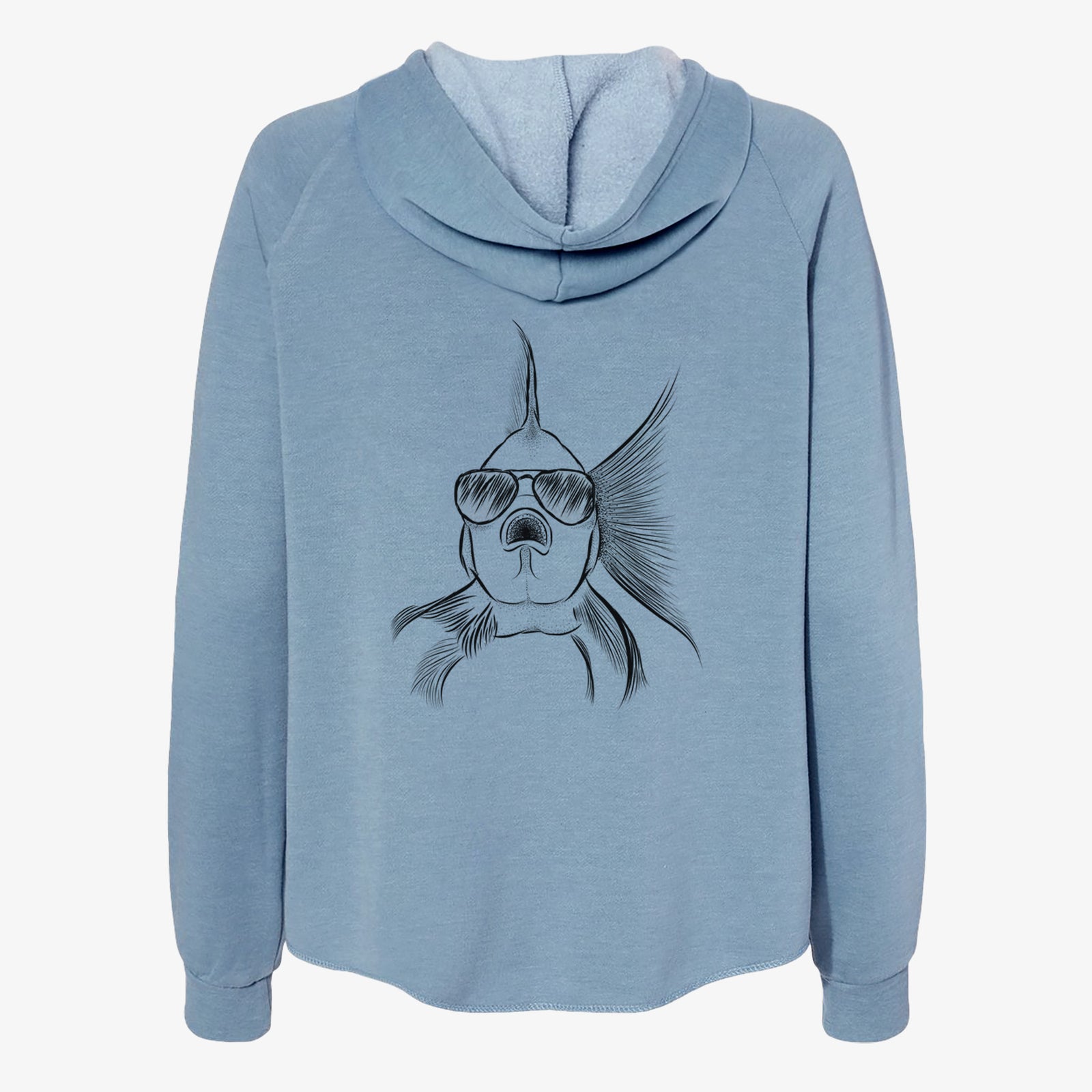 Hand-drawn sketch of Beefcake the Goldfish wearing aviator sunglasses on a Misty Blue Women's cali wave zip-up sweatshirt