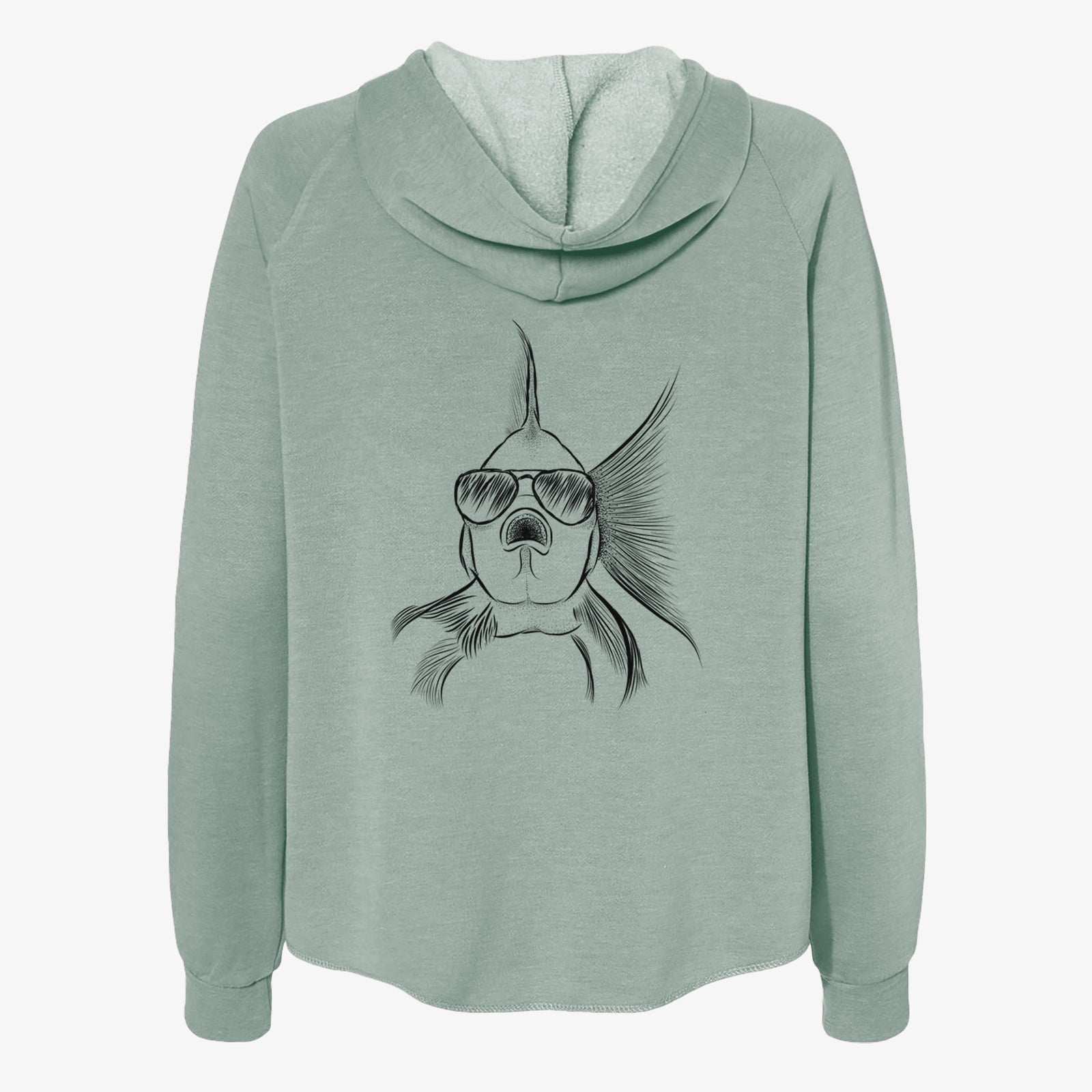 Hand-drawn sketch of Beefcake the Goldfish wearing aviator sunglasses on a Sage Women's cali wave zip-up sweatshirt