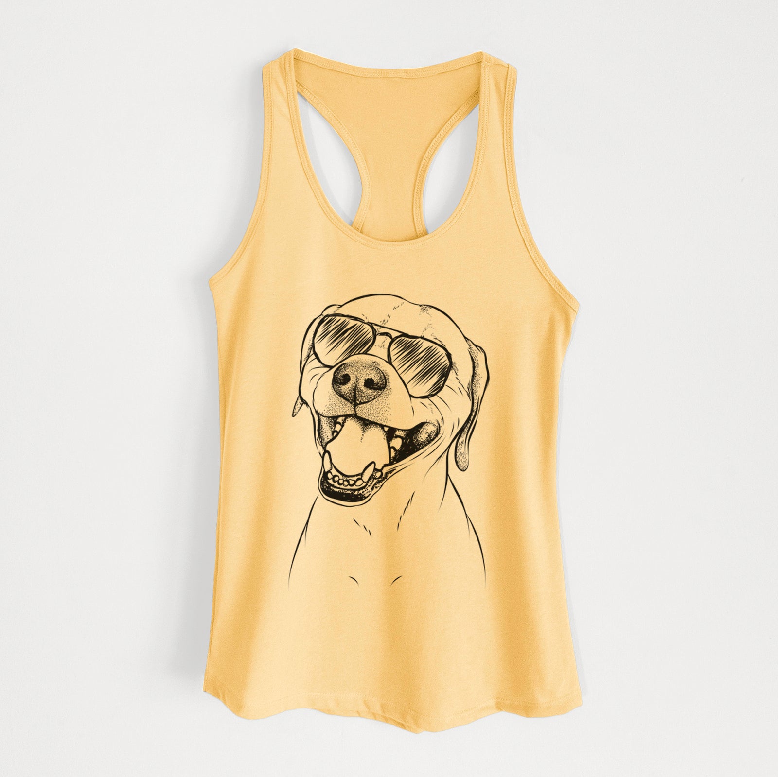 Hand-drawn sketch of Beemer the Boxer Pitbull Terrier Mix wearing aviator sunglasses on a Banana Cream Women's racerback tanktop