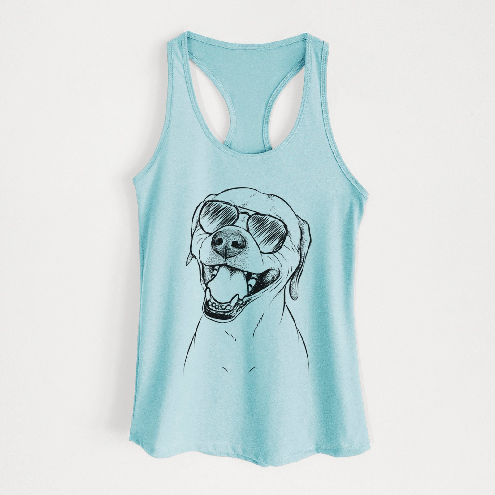 Hand-drawn sketch of Beemer the Boxer Pitbull Terrier Mix wearing aviator sunglasses on a Cancun Blue Women's racerback tanktop
