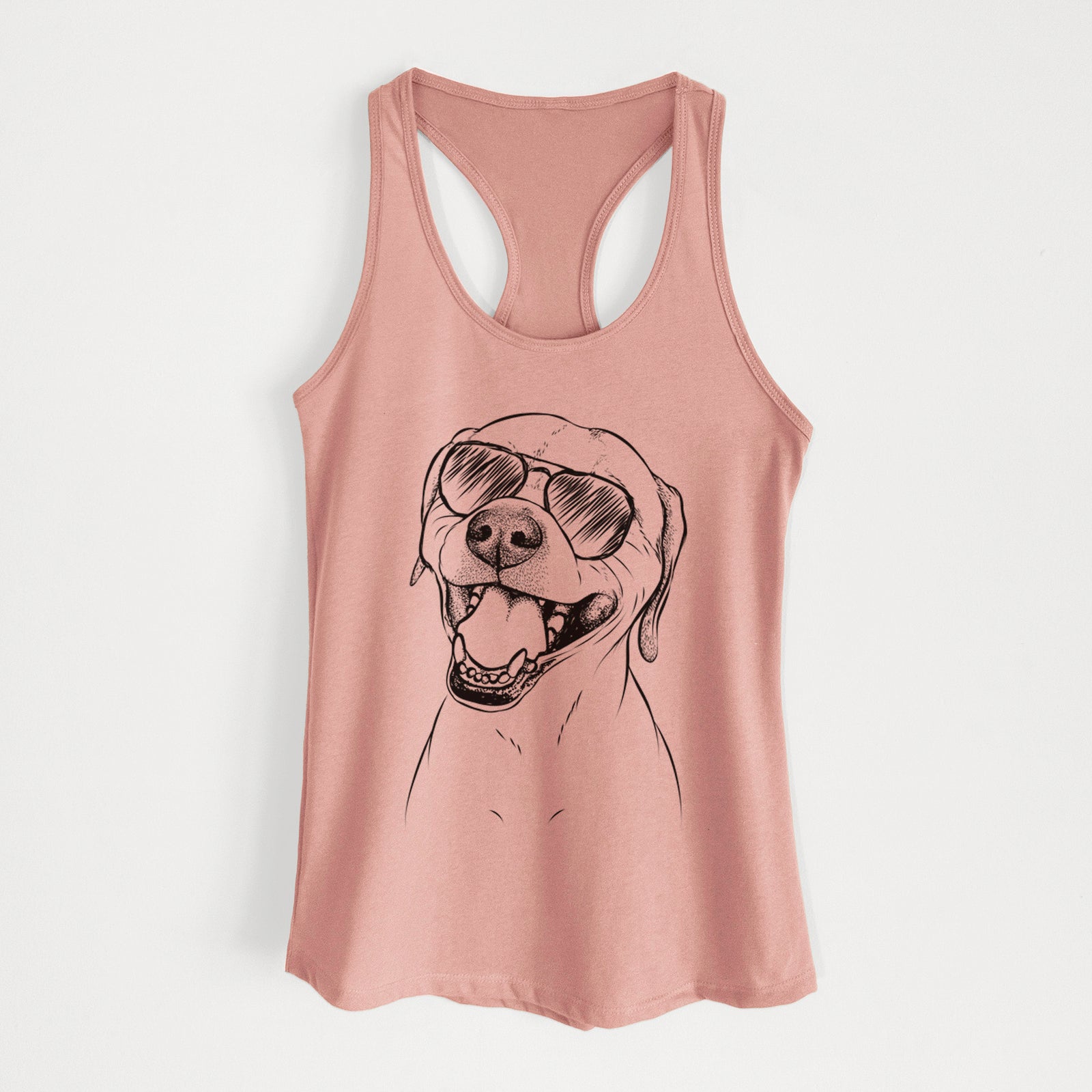 Hand-drawn sketch of Beemer the Boxer Pitbull Terrier Mix wearing aviator sunglasses on a Desert Pink Women's racerback tanktop
