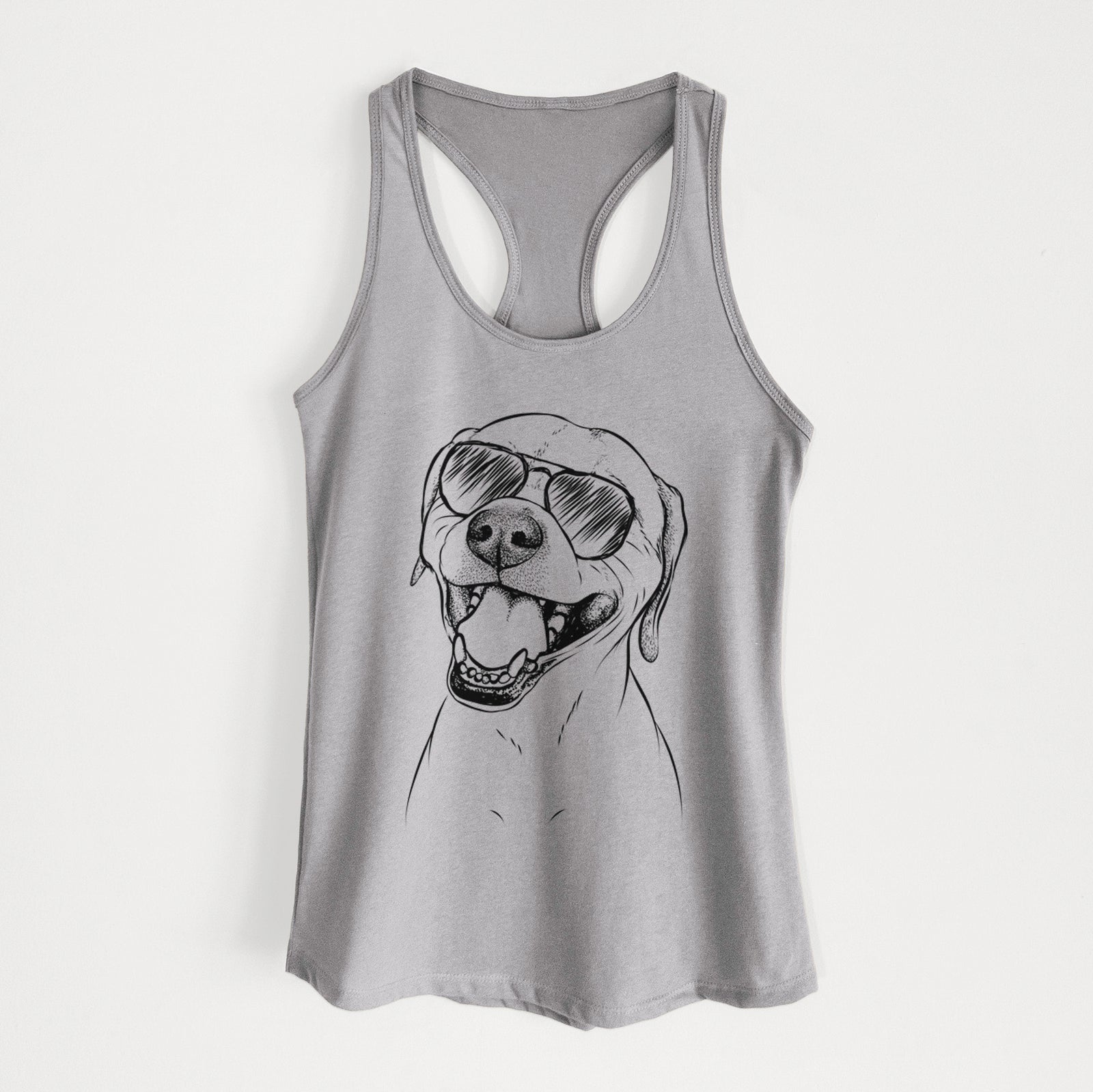 Hand-drawn sketch of Beemer the Boxer Pitbull Terrier Mix wearing aviator sunglasses on a Heather Grey Women's racerback tanktop