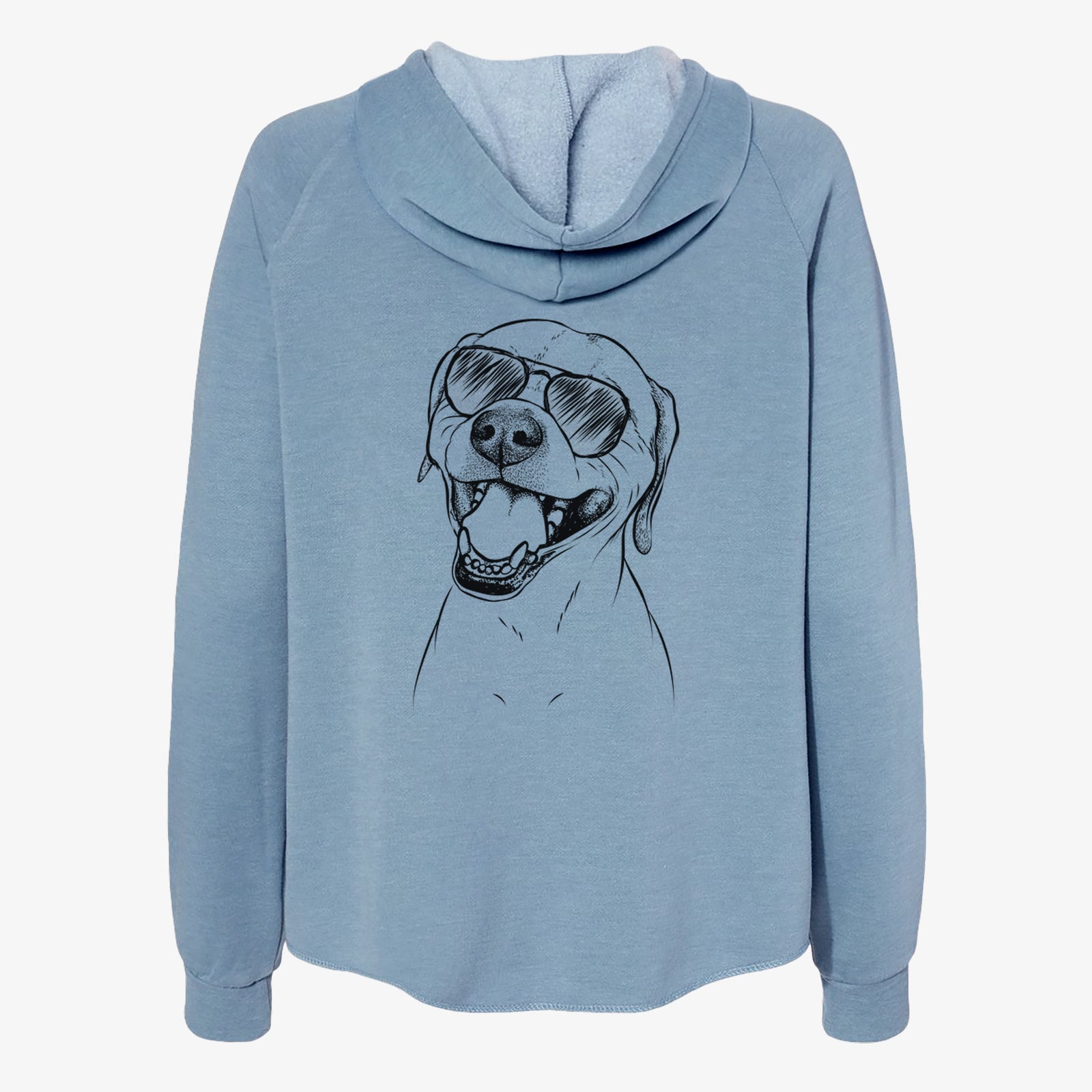 Hand-drawn sketch of Beemer the Boxer Pitbull Terrier Mix wearing aviator sunglasses on a Misty Blue Women's cali wave zip-up sweatshirt