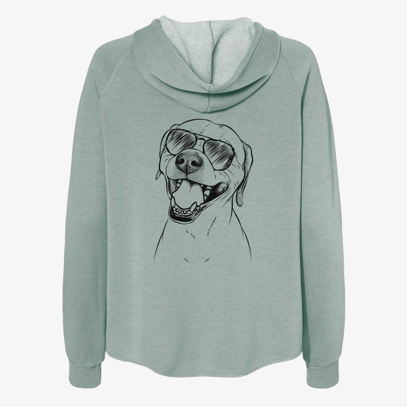 Hand-drawn sketch of Beemer the Boxer Pitbull Terrier Mix wearing aviator sunglasses on a Sage Women's cali wave zip-up sweatshirt